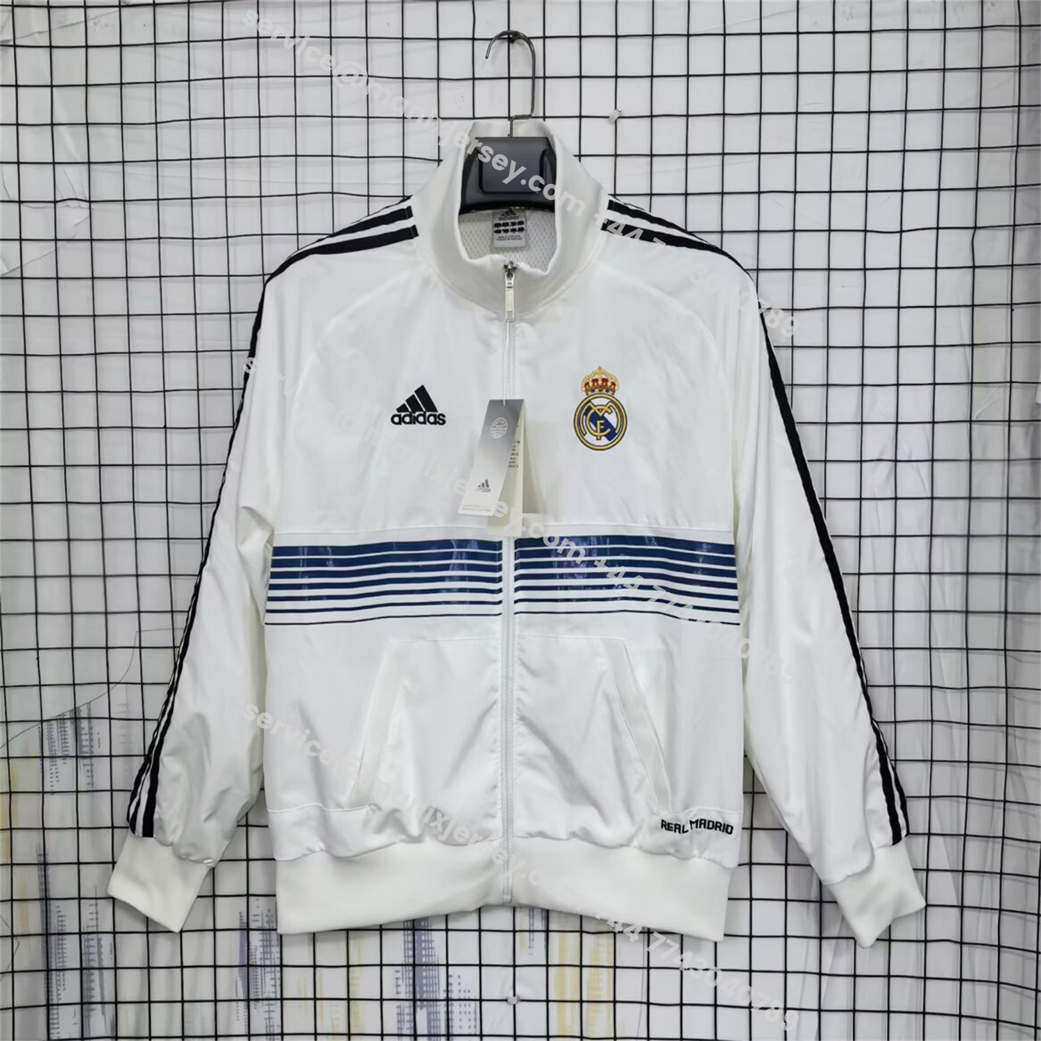 ManixJersey.com | Real Madrid 25-26 Windbreaker Jacket - White With Black Lines -Customize Name, Number and Patch | Worldwide Shipping