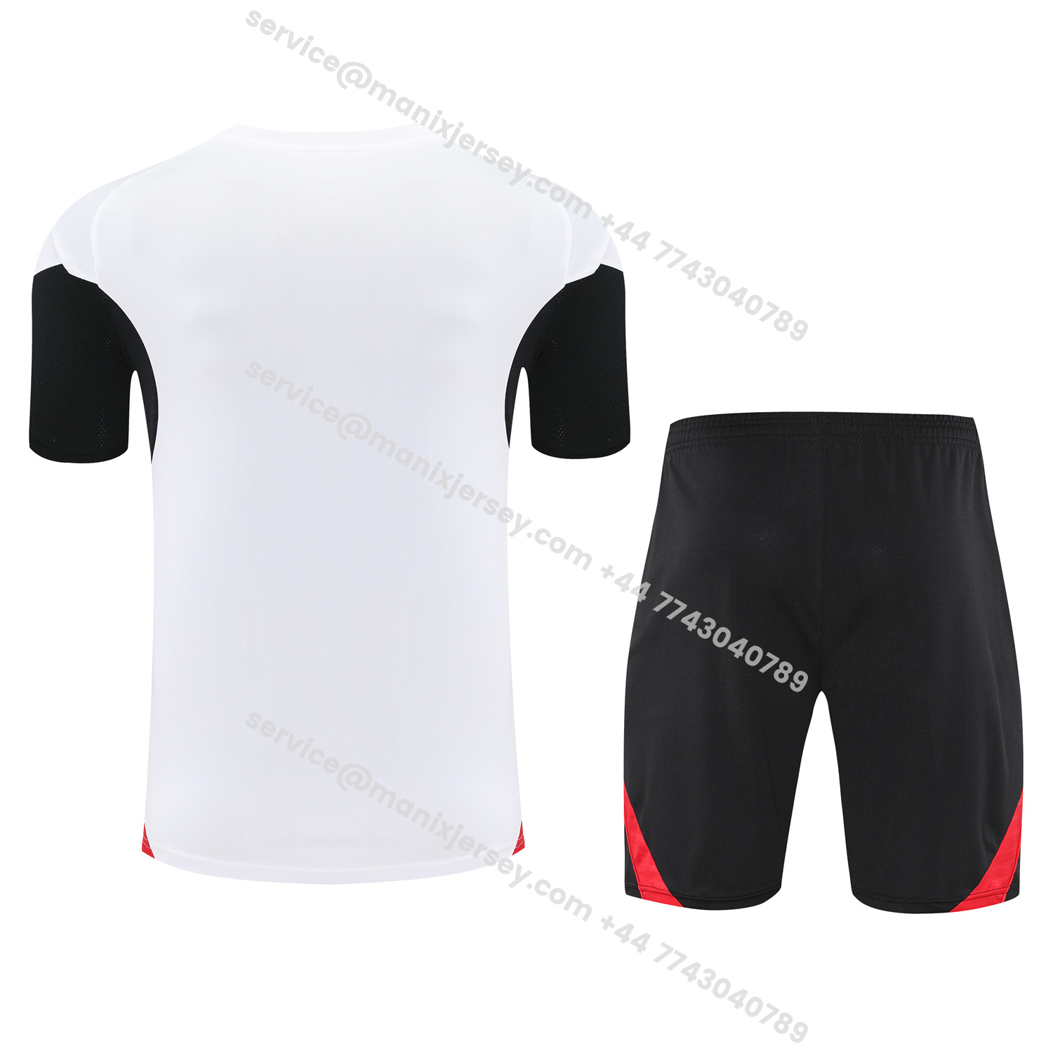 ManixJersey.com | Manchester United 25-26 Short-Sleeve Training Set - Red Black Blocks White Top & Black Shorts -Customize Name, Number and Patch | Worldwide Shipping