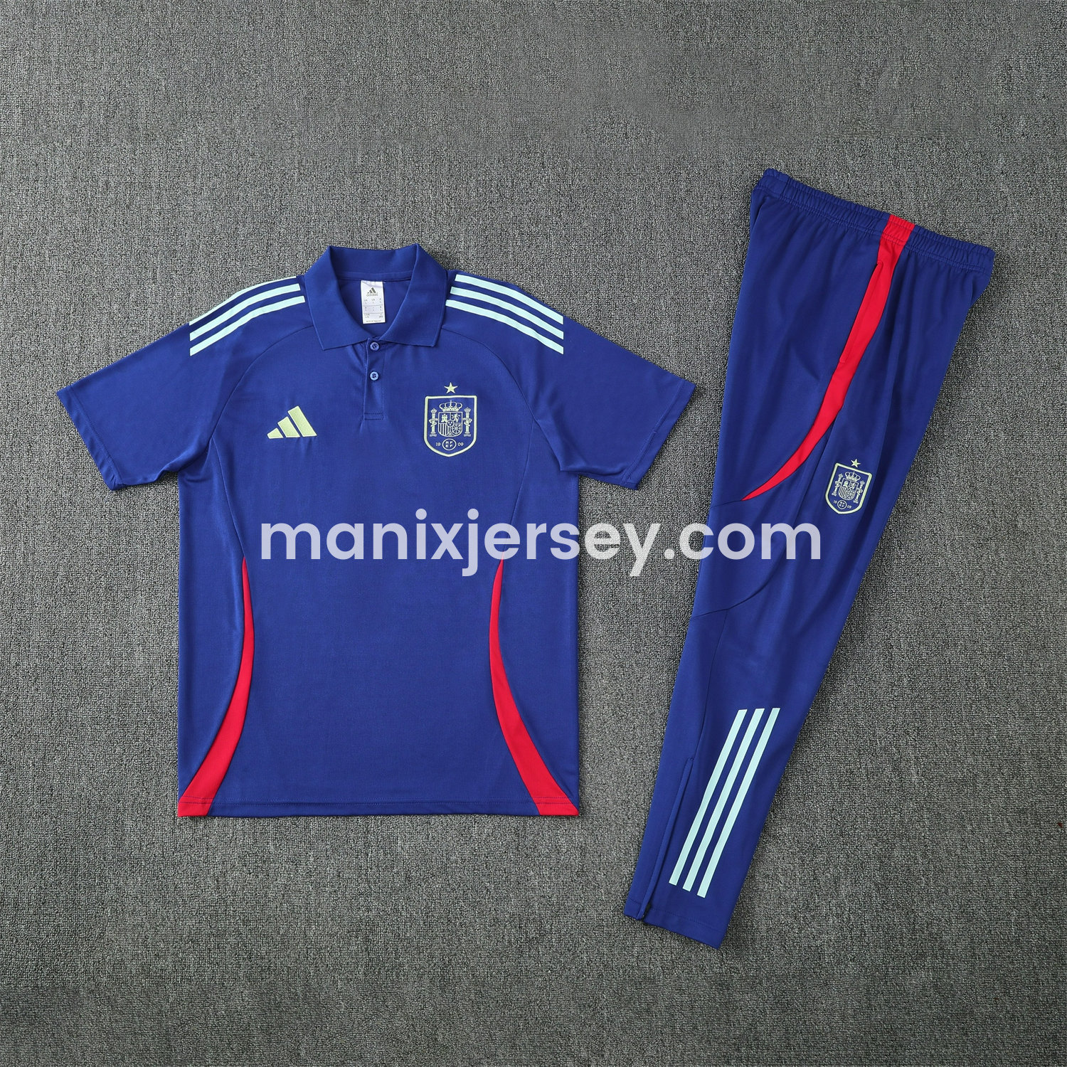 ManixJersey.com | Spain 25-26 POLO Short-Sleeve Training Set - Royal Blue Top and Pants -Customize Name, Number and Patch | Worldwide Shipping