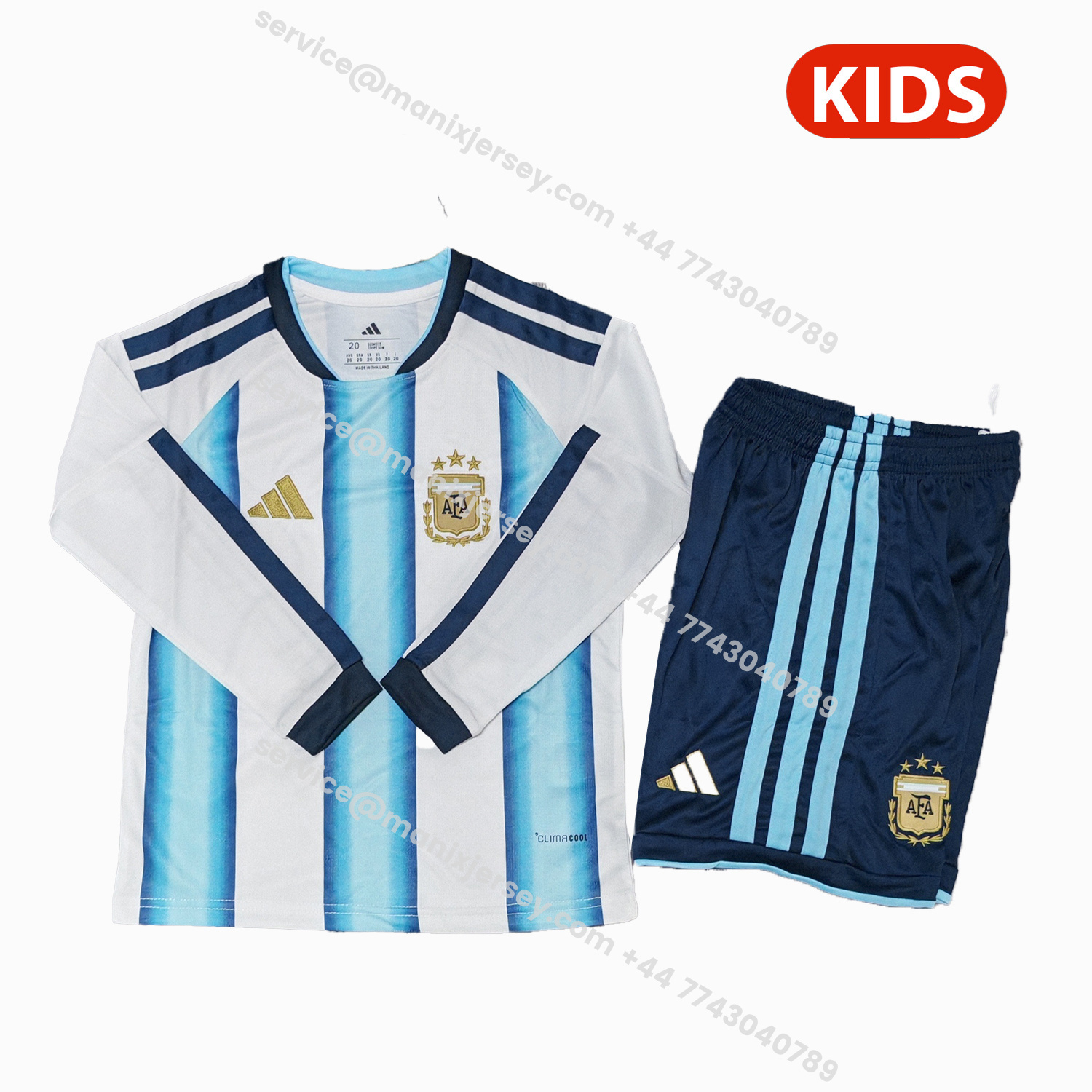 ManixJersey.com | Argentina 2026 Home Long Sleeves Kids Kit - Without Chest Patch -Customize Name, Number and Patch | Worldwide Shipping