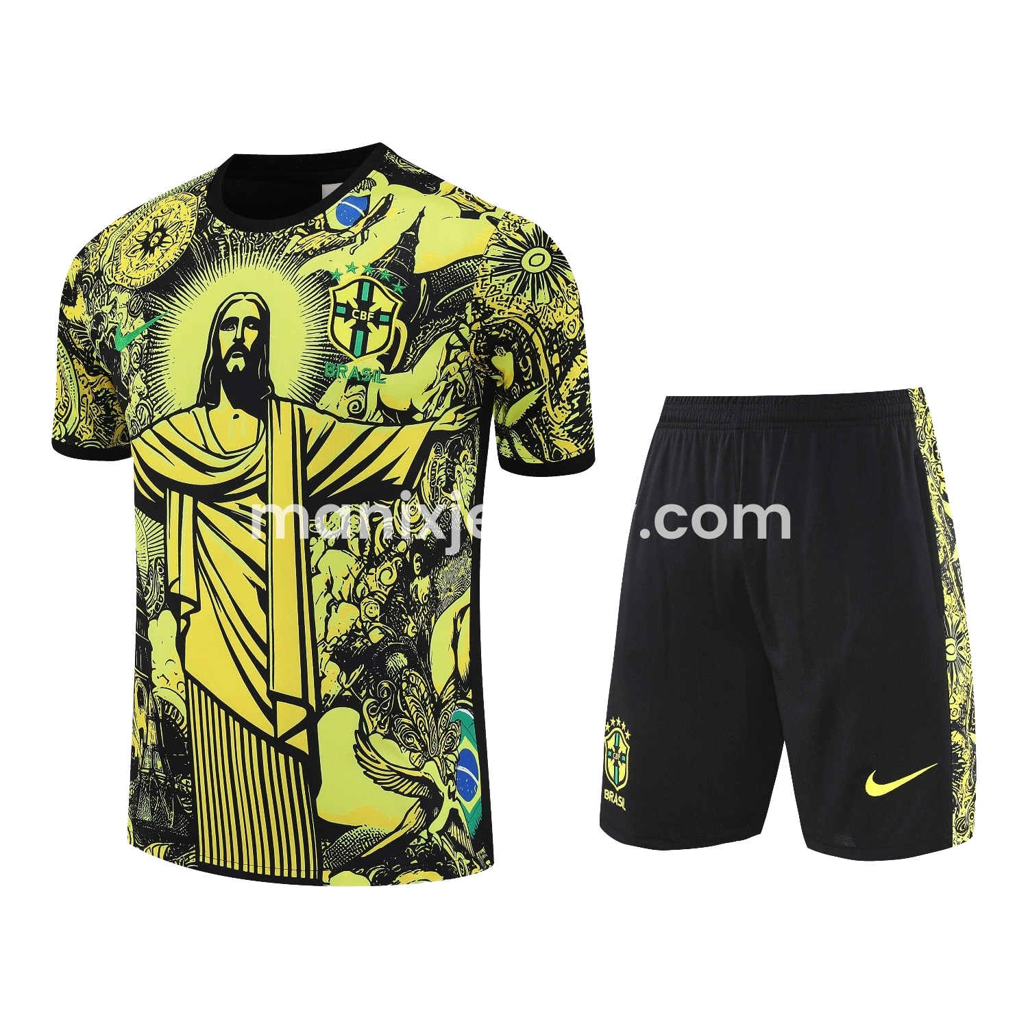 ManixJersey.com | Brazil 25-26 Yellow Jesus Statue Short-Sleeve Training Set - Yellow Top & Black Shorts -Customize Name, Number and Patch | Worldwide Shipping