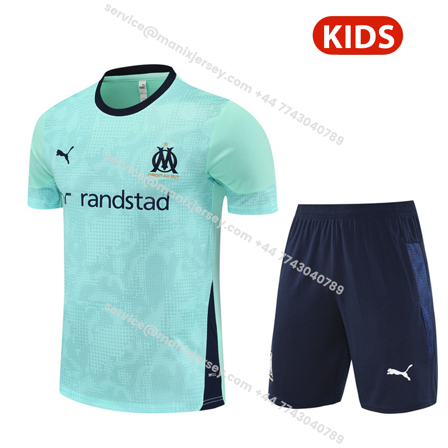 ManixJersey.com | Marseille 25-26 Kids Short-Sleeve Training Set - Nattierblue Top & Deep Blue Pants -Customize Name, Number and Patch | Worldwide Shipping