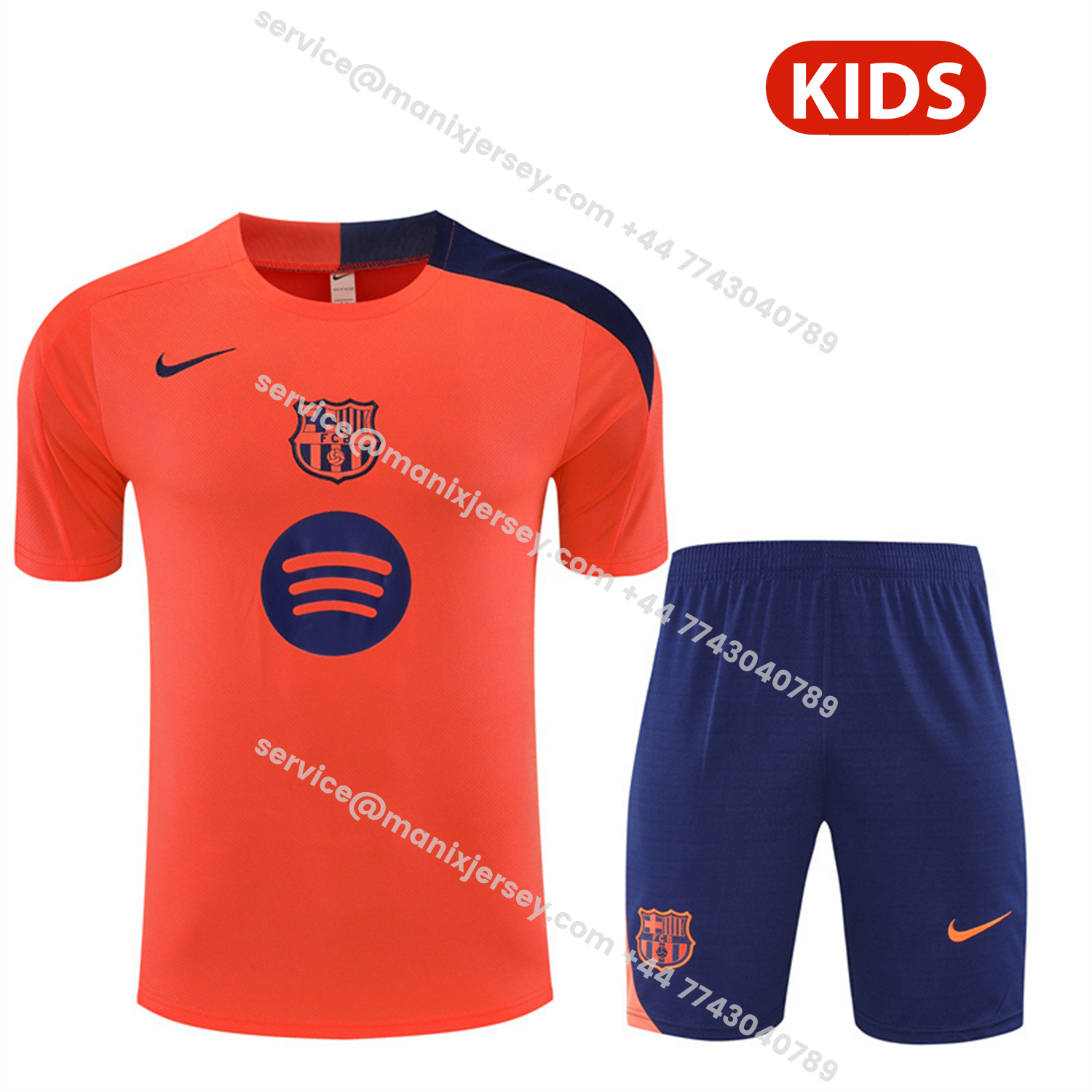 ManixJersey.com | Barcelona 25-26 Kids Short-Sleeve Training Set - Orange Top Royal Blue Sponsor & Royal Blue Shorts -Customize Name, Number and Patch | Worldwide Shipping