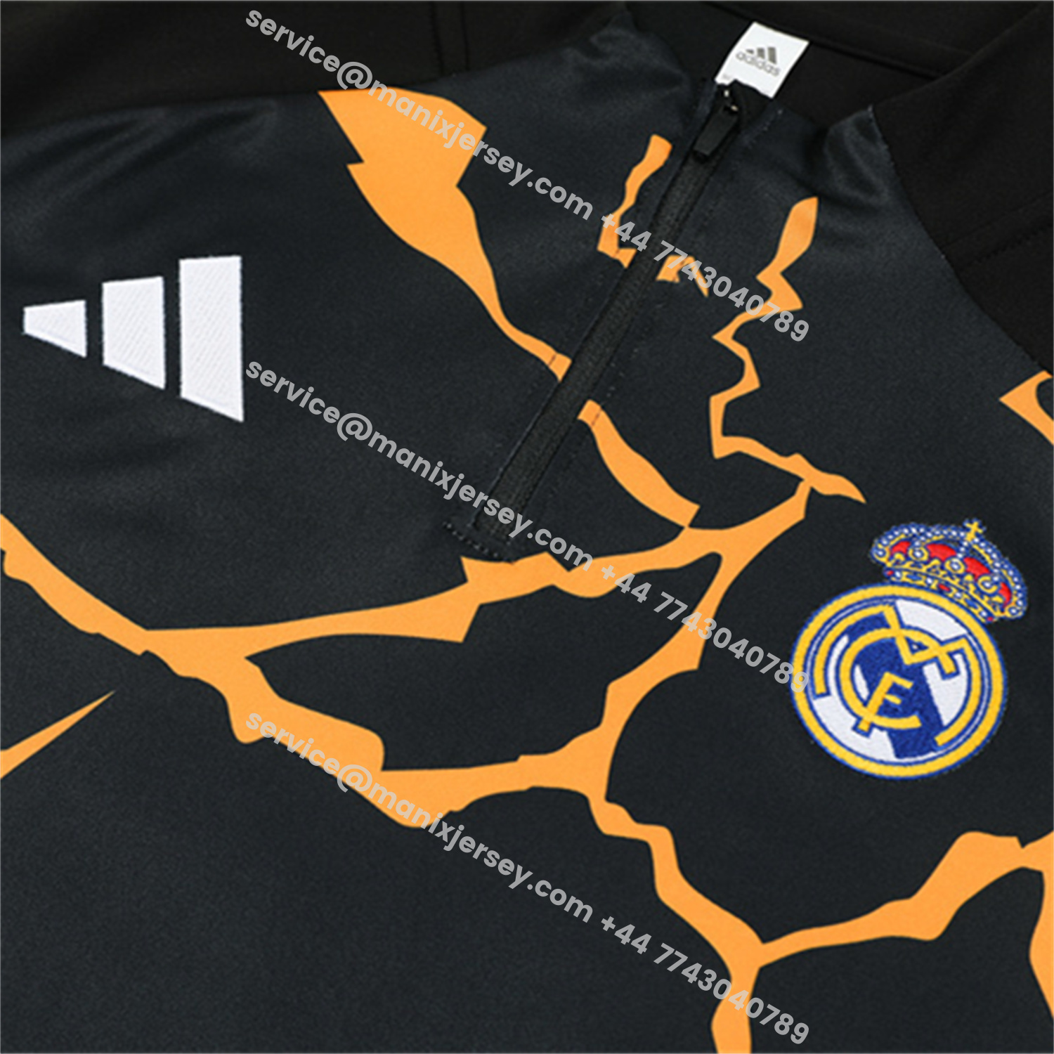 ManixJersey.com | Real Madrid 25-26 Long Sleeve Training Set - Player Version - Yellow Pattern Black Top and Black Pants -Customize Name, Number and Patch | Worldwide Shipping