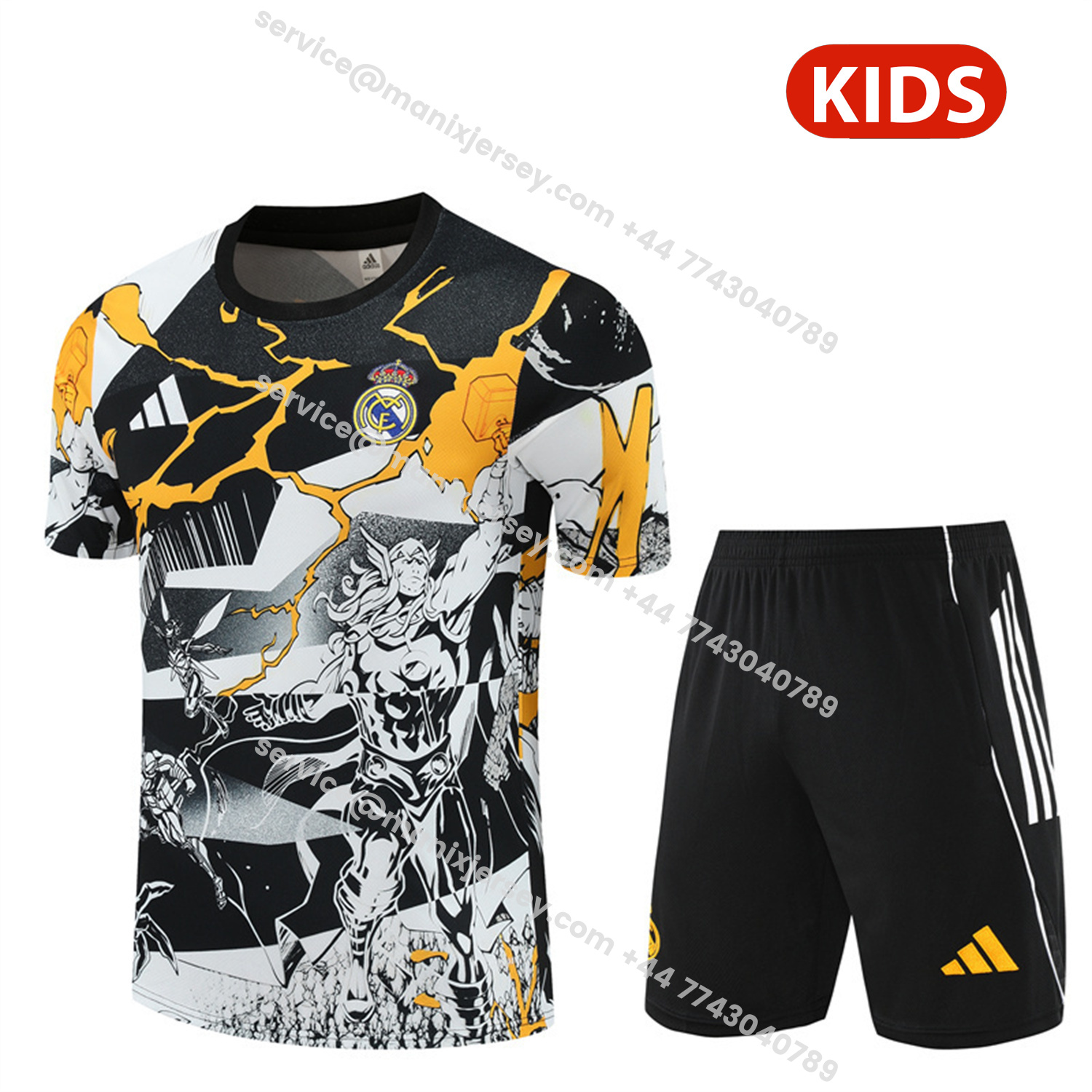 ManixJersey.com | Real Madrid 25-26 Thunder Comics Kids Short-Sleeve Training Set - Comic Pattern Top & Shorts -Customize Name, Number and Patch | Worldwide Shipping