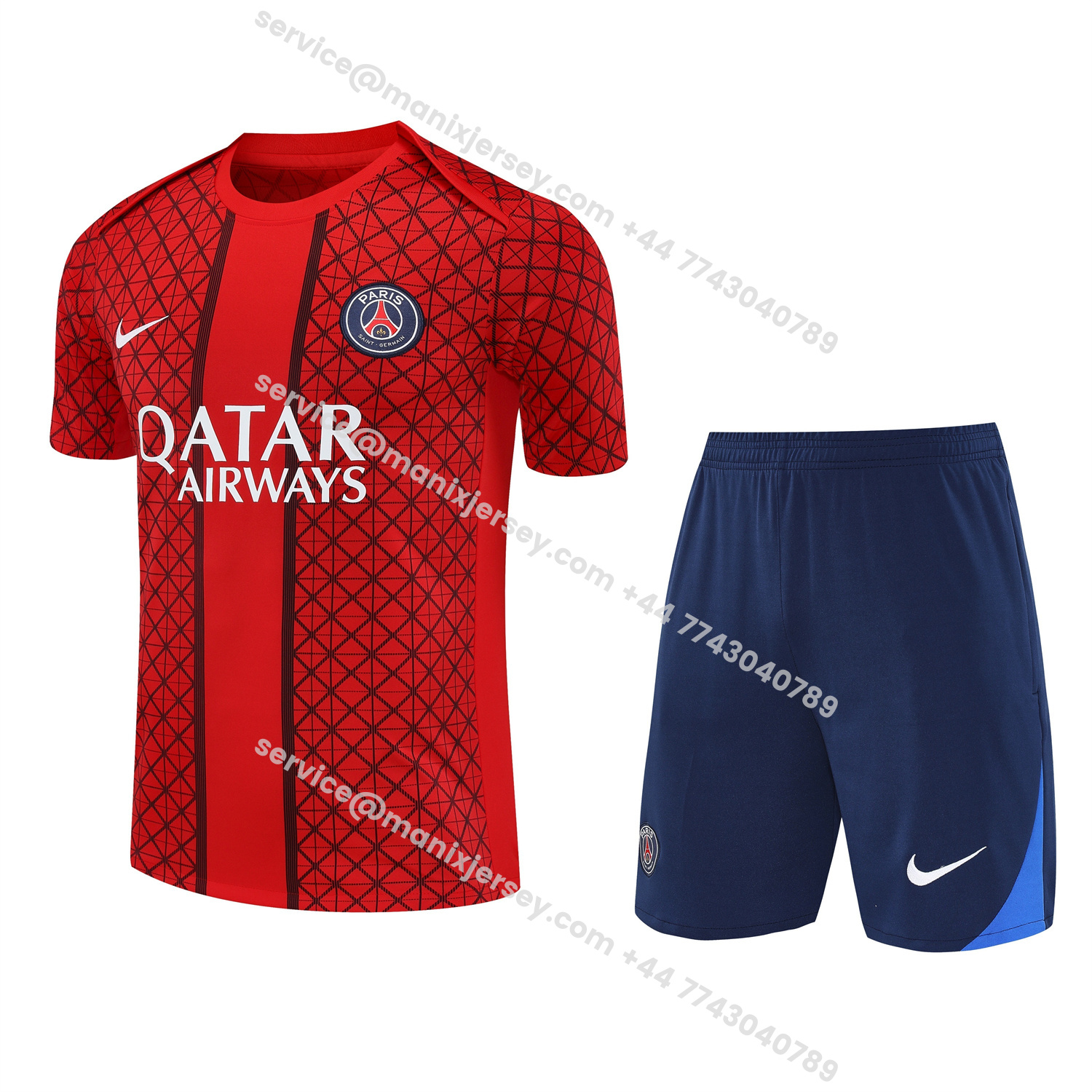 ManixJersey.com | Paris Saint-Germain PSG 25-26 Short-Sleeve Training Set - Red Top & Deep Blue Shorts -Customize Name, Number and Patch | Worldwide Shipping