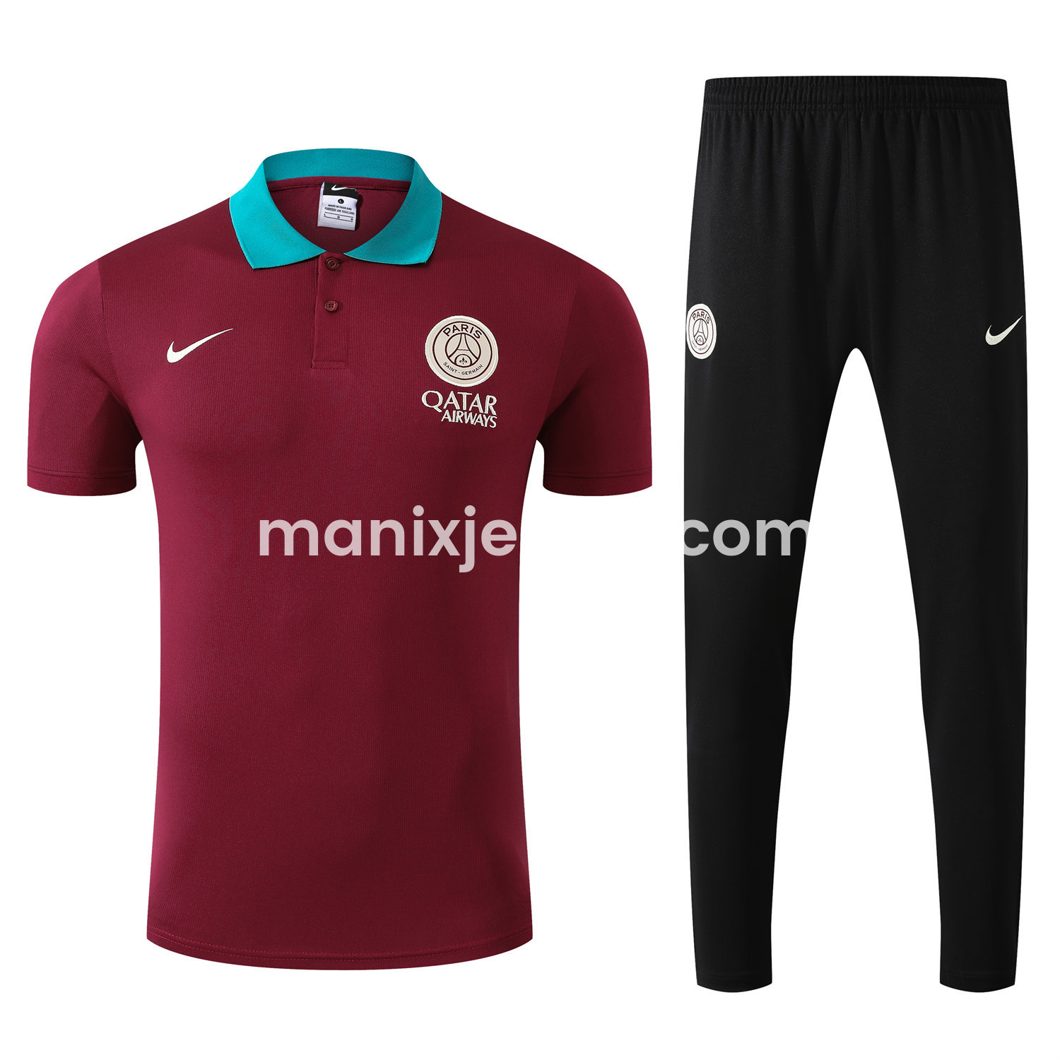 ManixJersey.com | Paris Saint-Germain PSG 25-26 POLO Short-Sleeve Training Set - Deep Red Top and Black Pants -Customize Name, Number and Patch | Worldwide Shipping