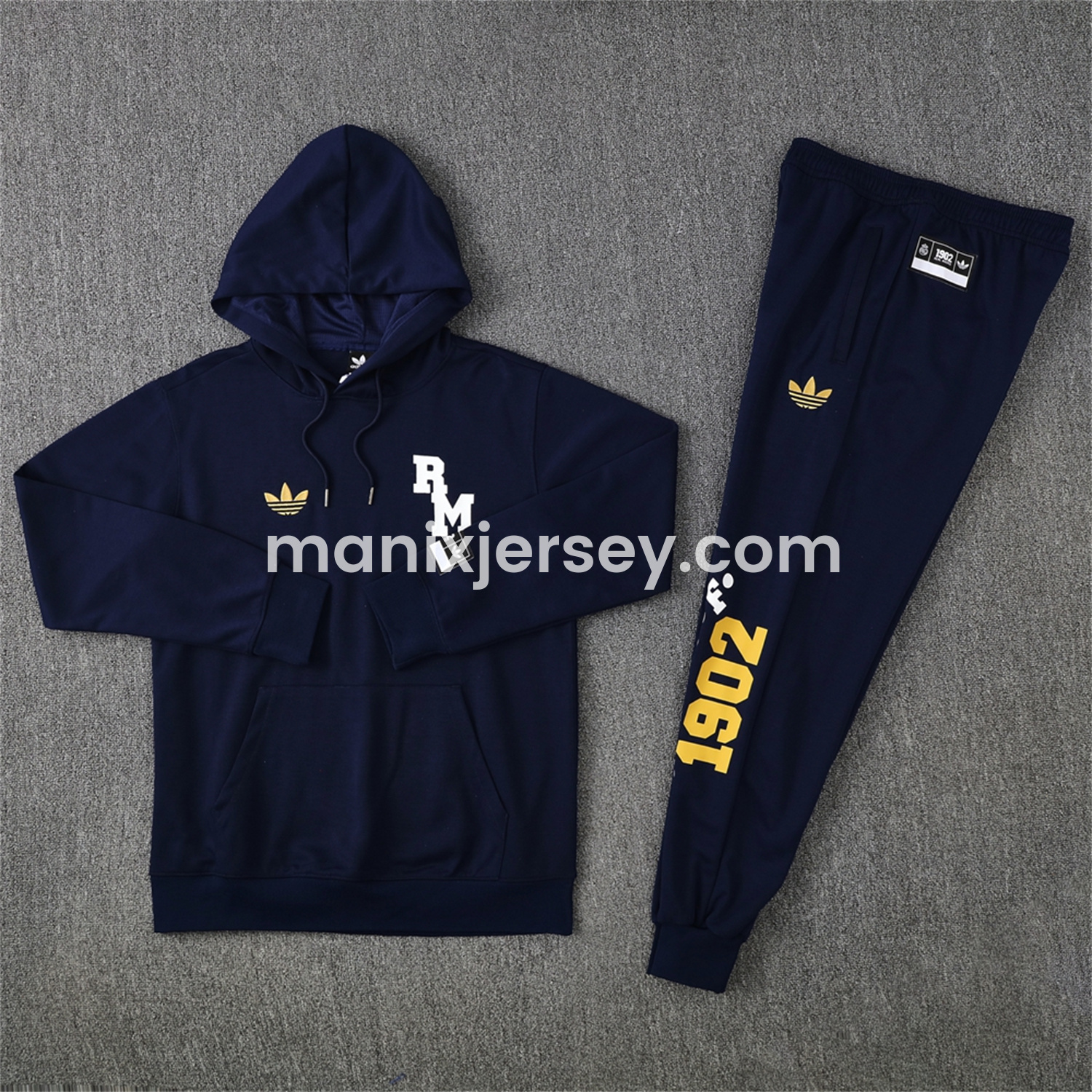 ManixJersey.com | Real Madrid 25-26 Originals Varsity Hoodie Set - Deep Blue Hoodie and Pants -Customize Name, Number and Patch | Worldwide Shipping