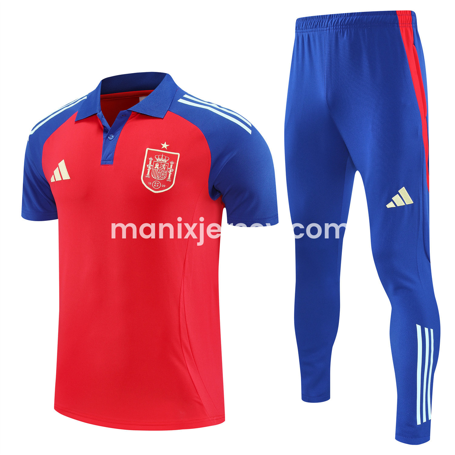 ManixJersey.com | Spain 25-26 POLO Short-Sleeve Training Set - Red Top and Blue Pants -Customize Name, Number and Patch | Worldwide Shipping