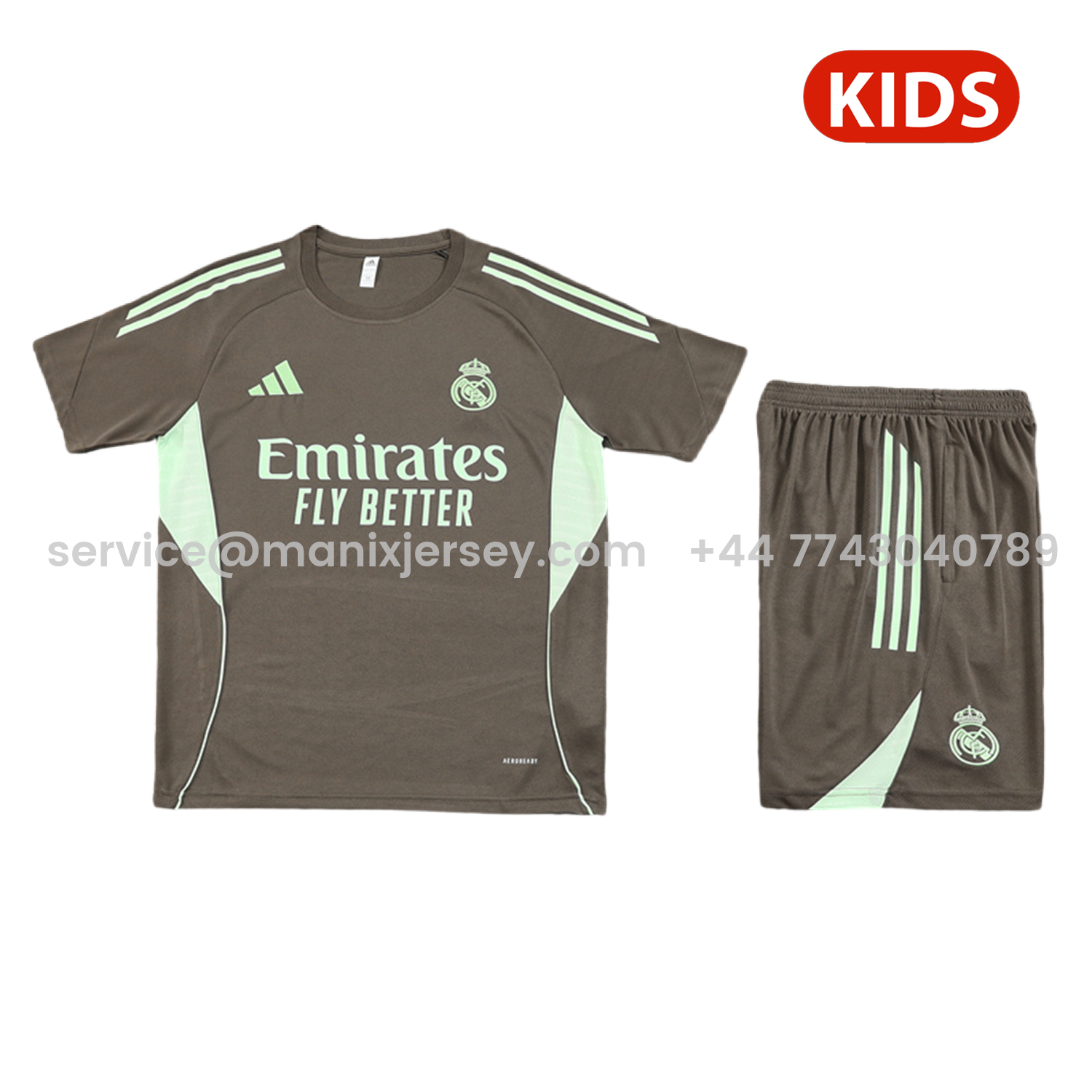 ManixJersey.com | Real Madrid 25-26 Kids Short-Sleeve Training Set - Dark Khaki Top and Shorts -Customize Name, Number and Patch | Worldwide Shipping