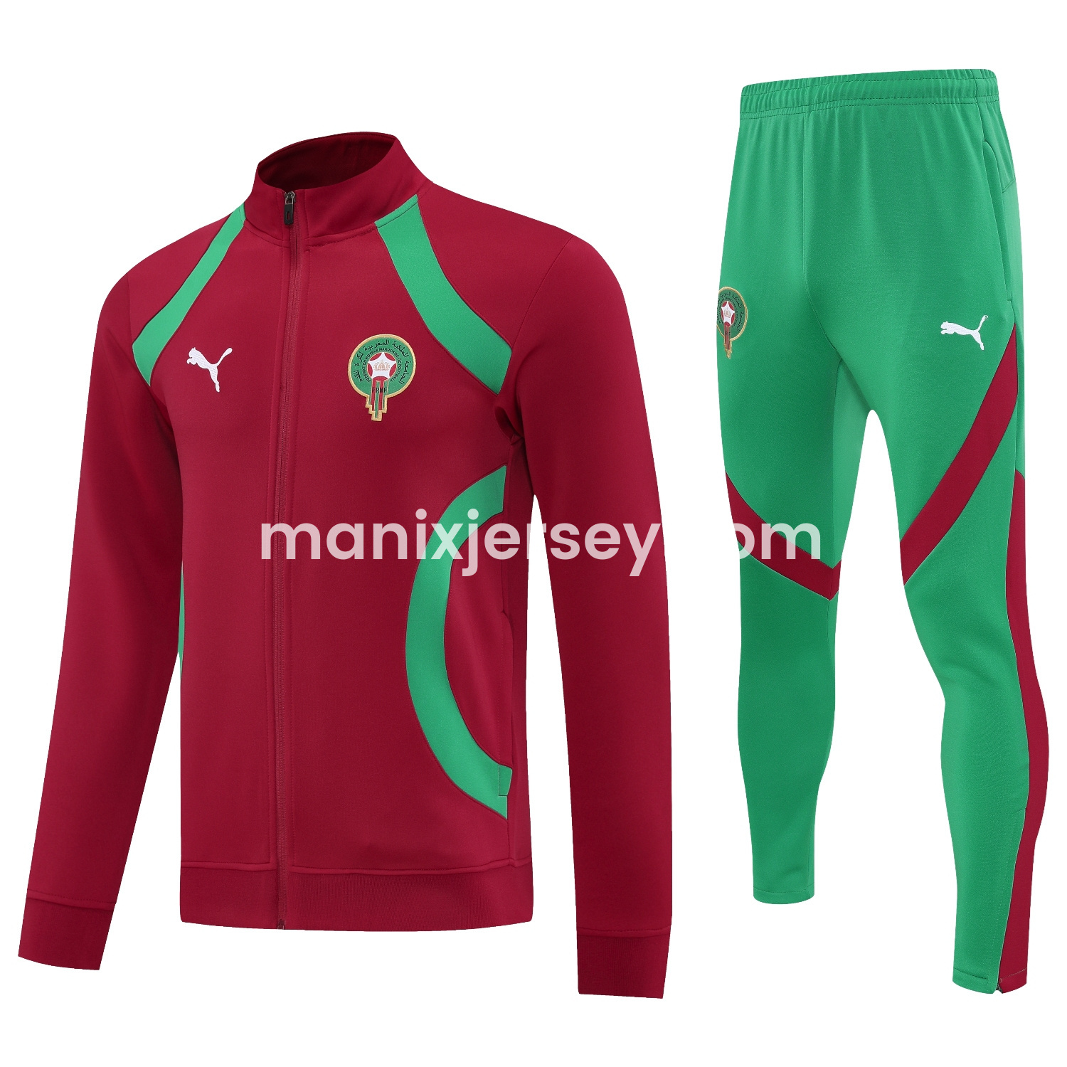 ManixJersey.com | Morocco 25-26 Jacket Training Tracksuit - Red Jackets & Green Pants -Customize Name, Number and Patch | Worldwide Shipping