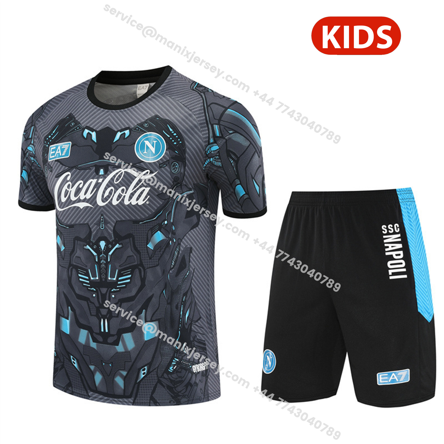 ManixJersey.com | Napoli 25-26 Kids Short-Sleeve Training Set - Gray Mecha Top & Black Shorts -Customize Name, Number and Patch | Worldwide Shipping