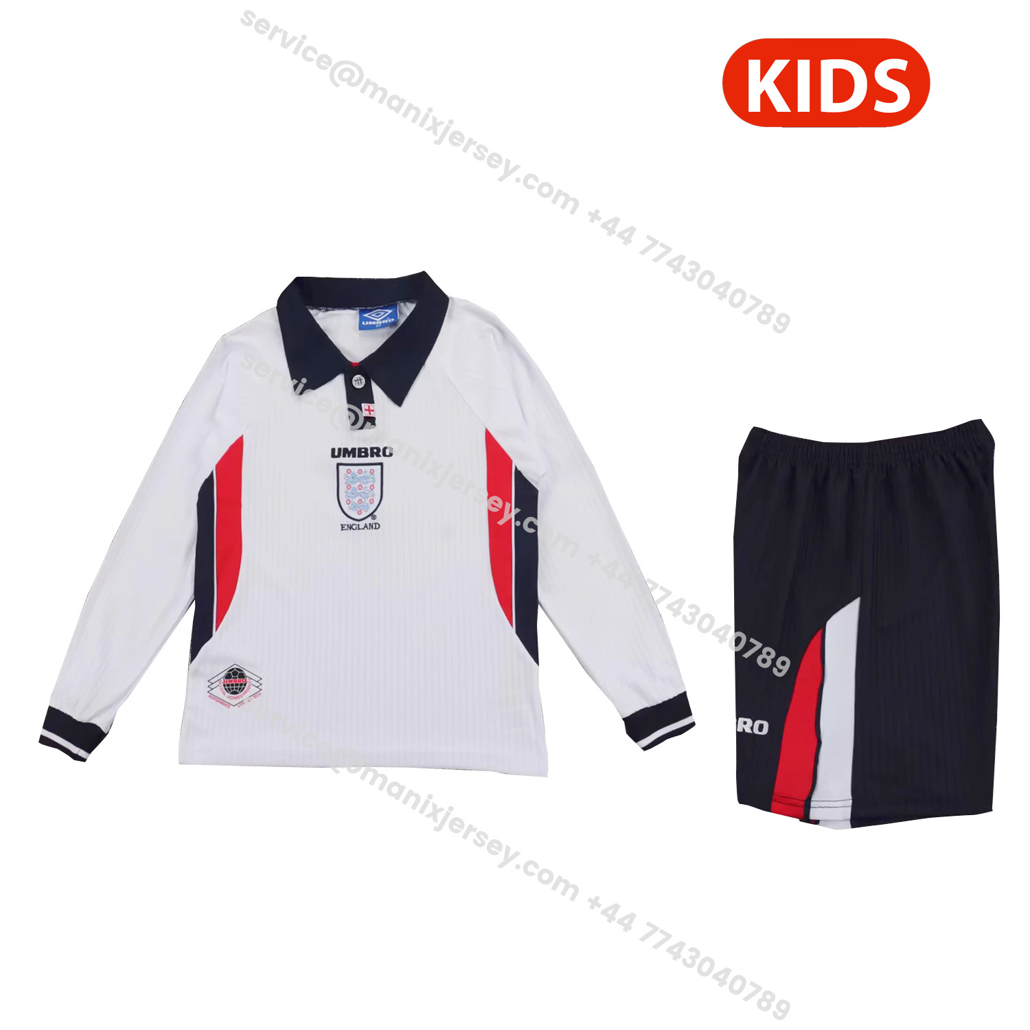 ManixJersey.com | Retro England 1998 Home Long Sleeves Kids Kit -Customize Name, Number and Patch | Worldwide Shipping