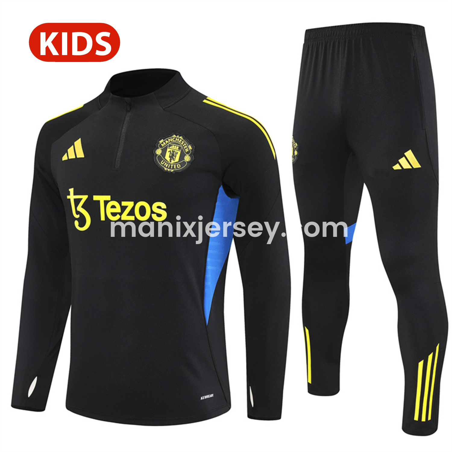ManixJersey.com | Manchester United 25-26 Kid Long Sleeves Training Set - Black Top & Black Pants -Customize Name, Number and Patch | Worldwide Shipping