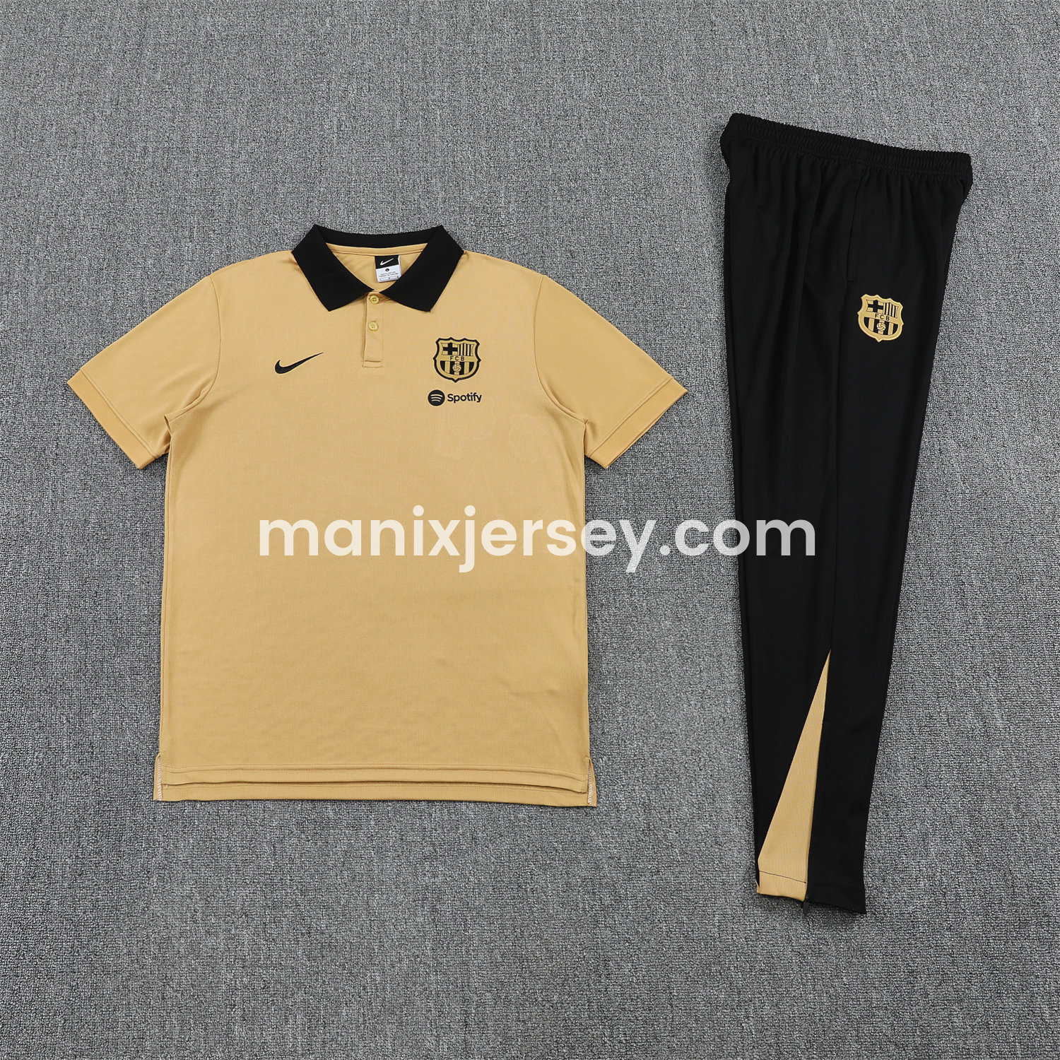 ManixJersey.com | Barcelona 25-26 POLO Short-Sleeve Training Set - Light Brown Top and Black Pants -Customize Name, Number and Patch | Worldwide Shipping