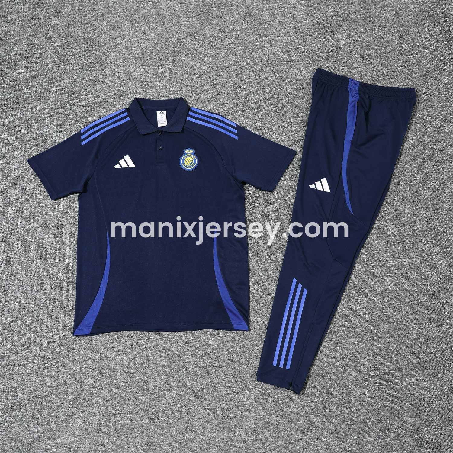 ManixJersey.com | Al Nassr Riyadh Victory 25-26 POLO Short-Sleeve Training Set - Deep Blue Top and Pants -Customize Name, Number and Patch | Worldwide Shipping
