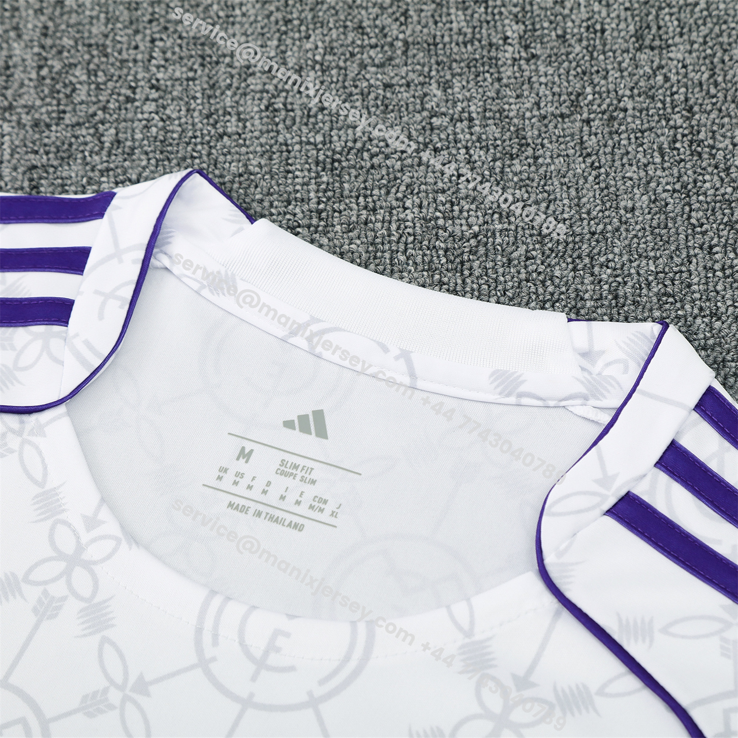 ManixJersey.com | Real Madrid 25-26 Short-Sleeve Training Set - Blue Edge White Top & Black Shorts -Customize Name, Number and Patch | Worldwide Shipping