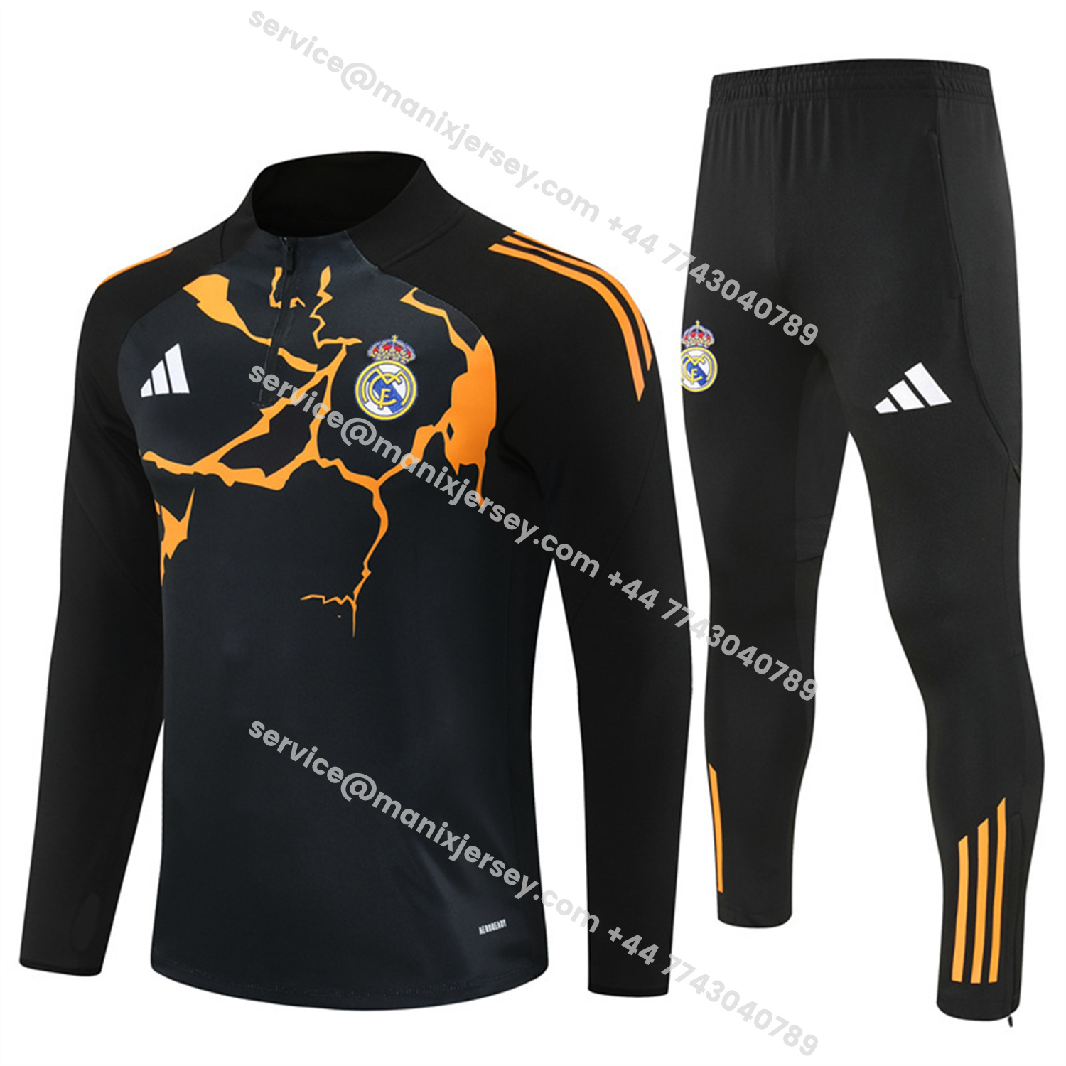 ManixJersey.com | Real Madrid 25-26 Long Sleeve Training Set - Player Version - Yellow Pattern Black Top and Black Pants -Customize Name, Number and Patch | Worldwide Shipping