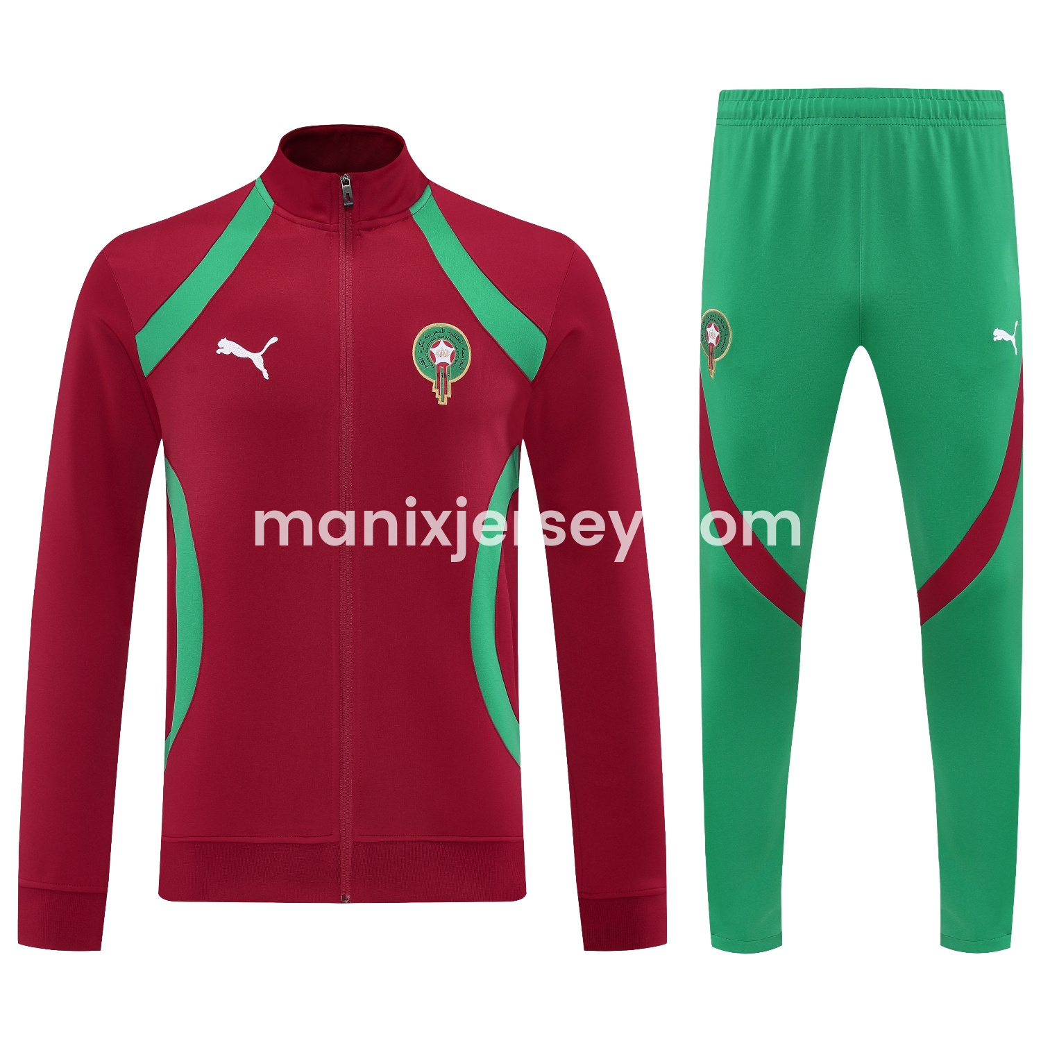 ManixJersey.com | Morocco 25-26 Jacket Training Tracksuit - Red Jackets & Green Pants -Customize Name, Number and Patch | Worldwide Shipping