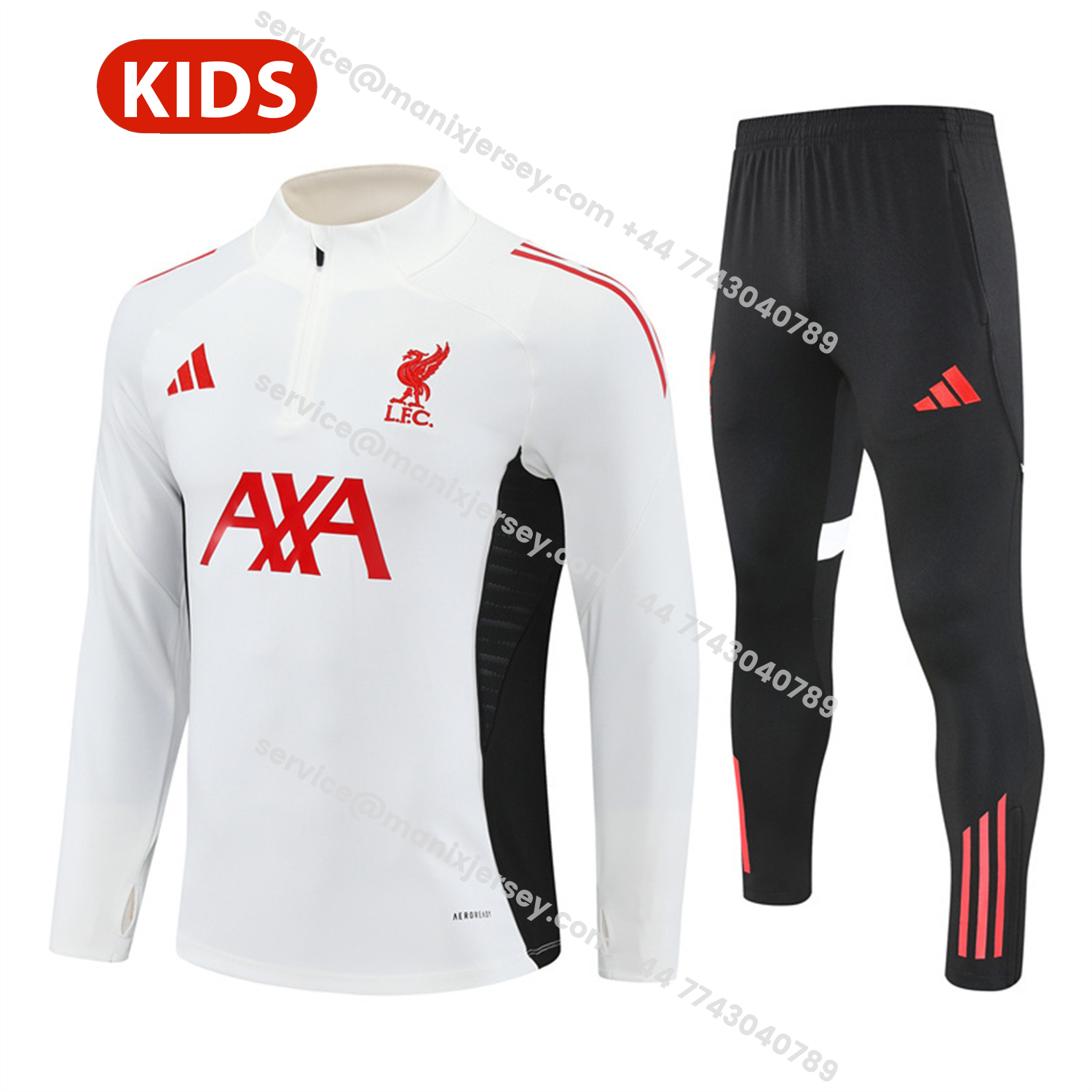 ManixJersey.com | Liver.pool 25-26 Kids Long Sleeve Training Set - White Top & Black Pants -Customize Name, Number and Patch | Worldwide Shipping