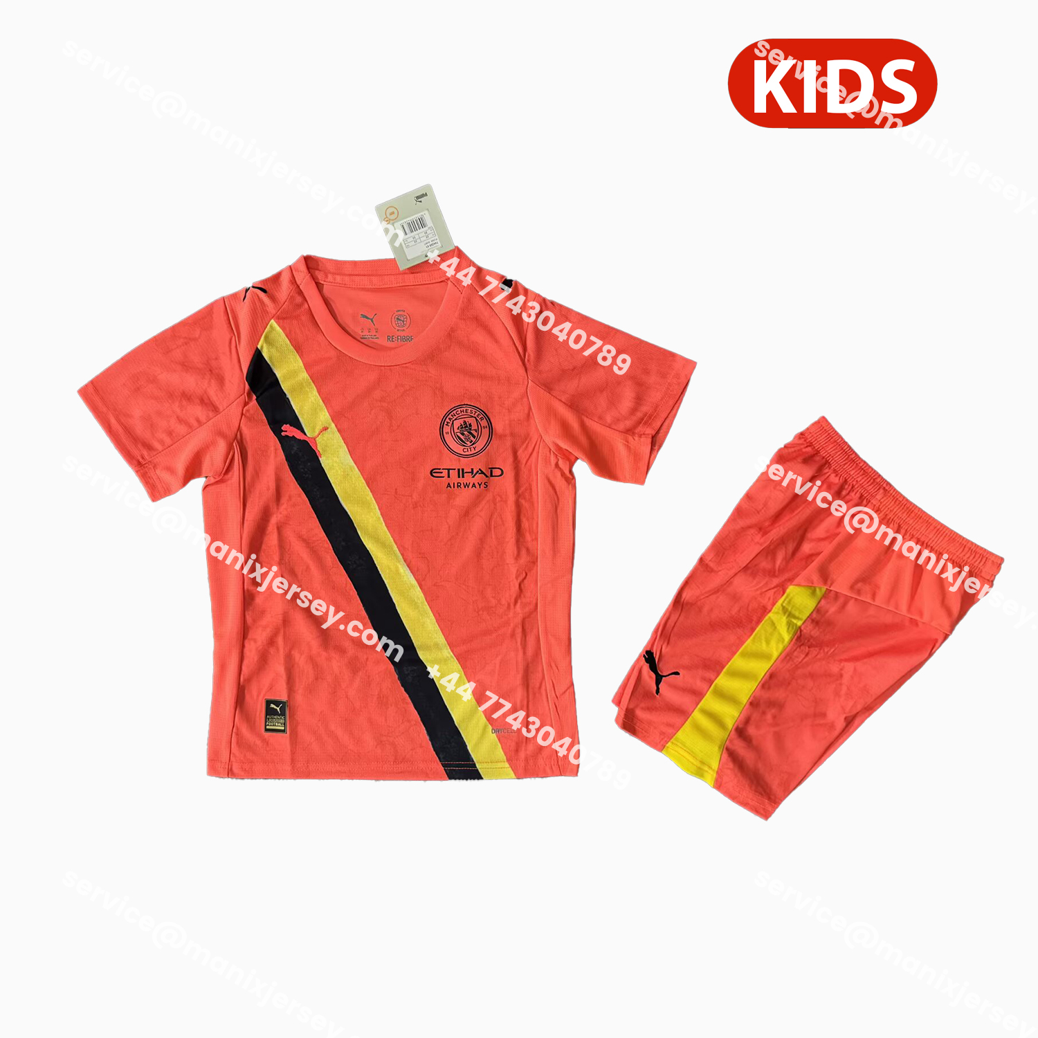 ManixJersey.com | Manchester City 25-26 Third Orange Kids Kit -Customize Name, Number and Patch | Worldwide Shipping