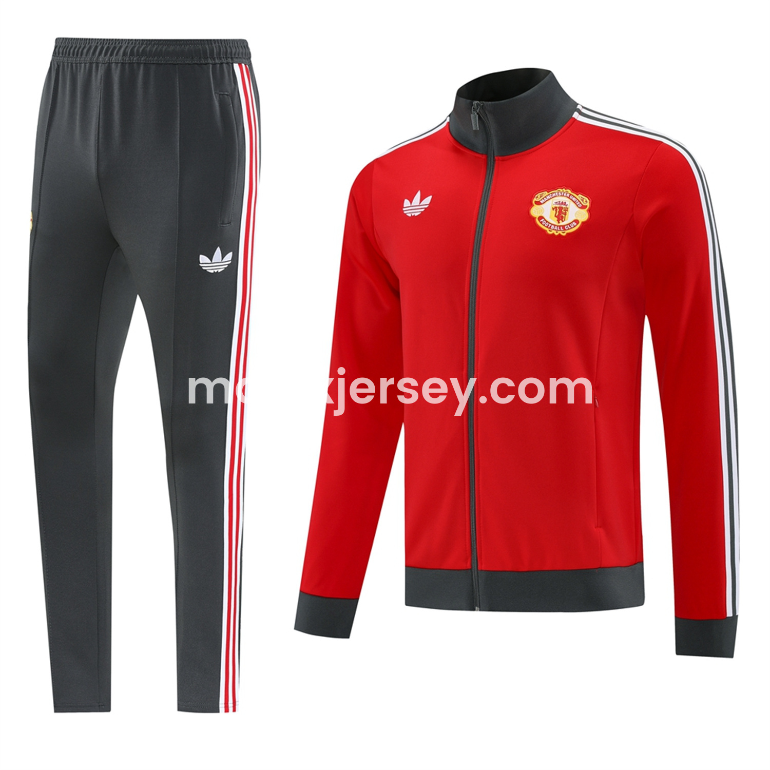 ManixJersey.com | Manchester United 24-25 Throwback Jacket Training Tracksuit - Red Jackets & Grey Pants -Customize Name, Number and Patch | Worldwide Shipping