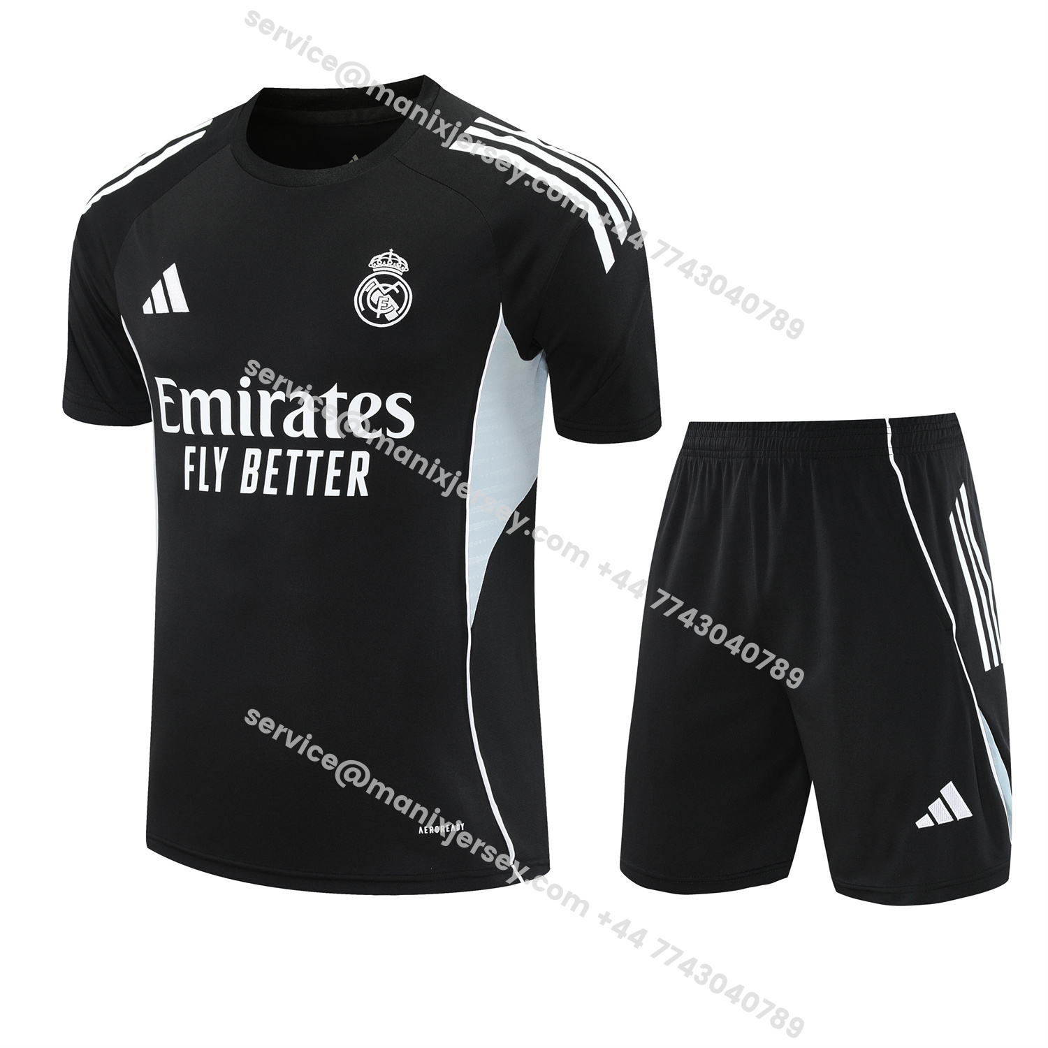 ManixJersey.com | Real Madrid 25-26 Short-Sleeve Training Set - Light Grey Stripes Black Top & Black Shorts -Customize Name, Number and Patch | Worldwide Shipping