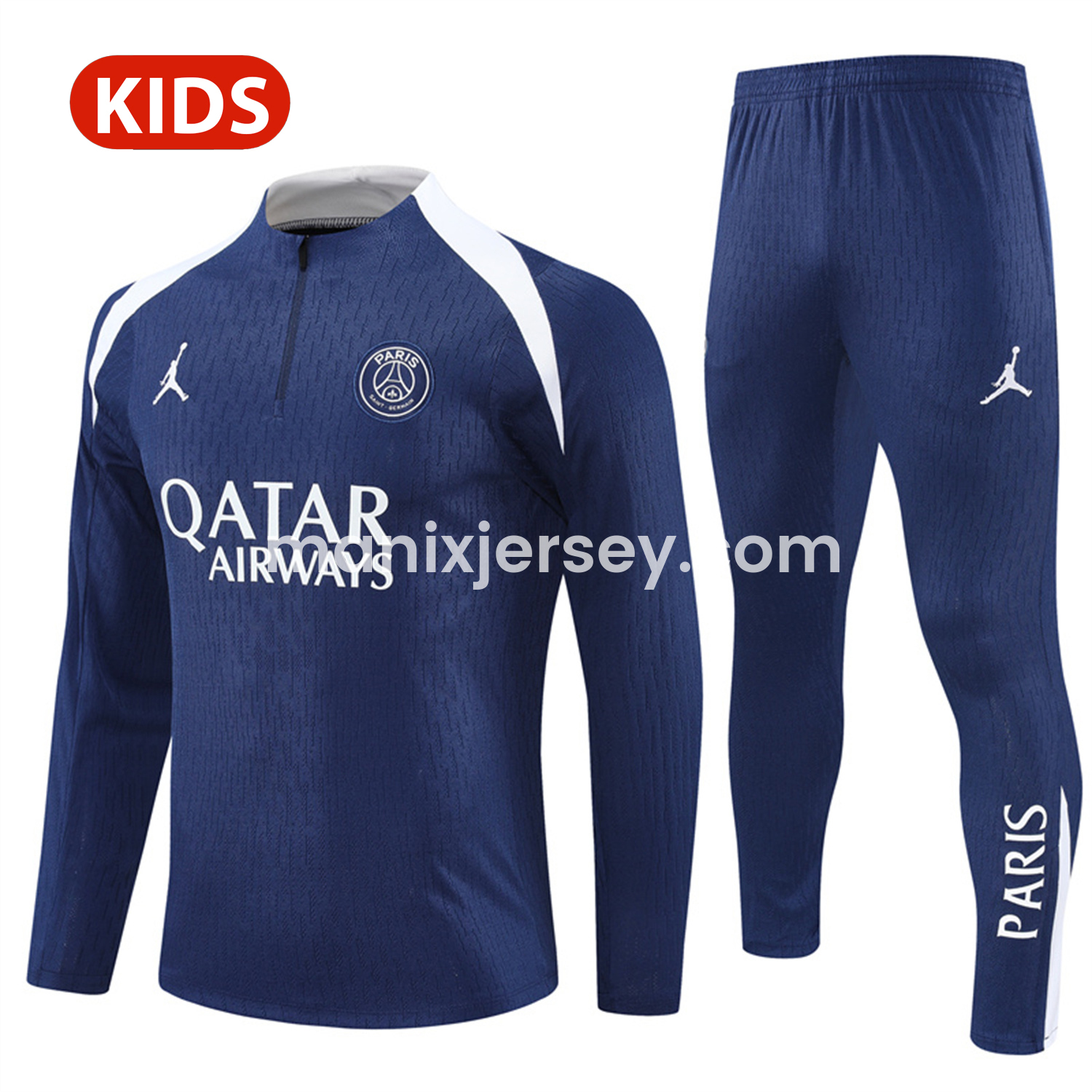 ManixJersey.com | Paris Saint-Germain PSG 25-26 Kid Long Sleeves Training Set - Royal Blue Top & Royal Blue Pants -Customize Name, Number and Patch | Worldwide Shipping