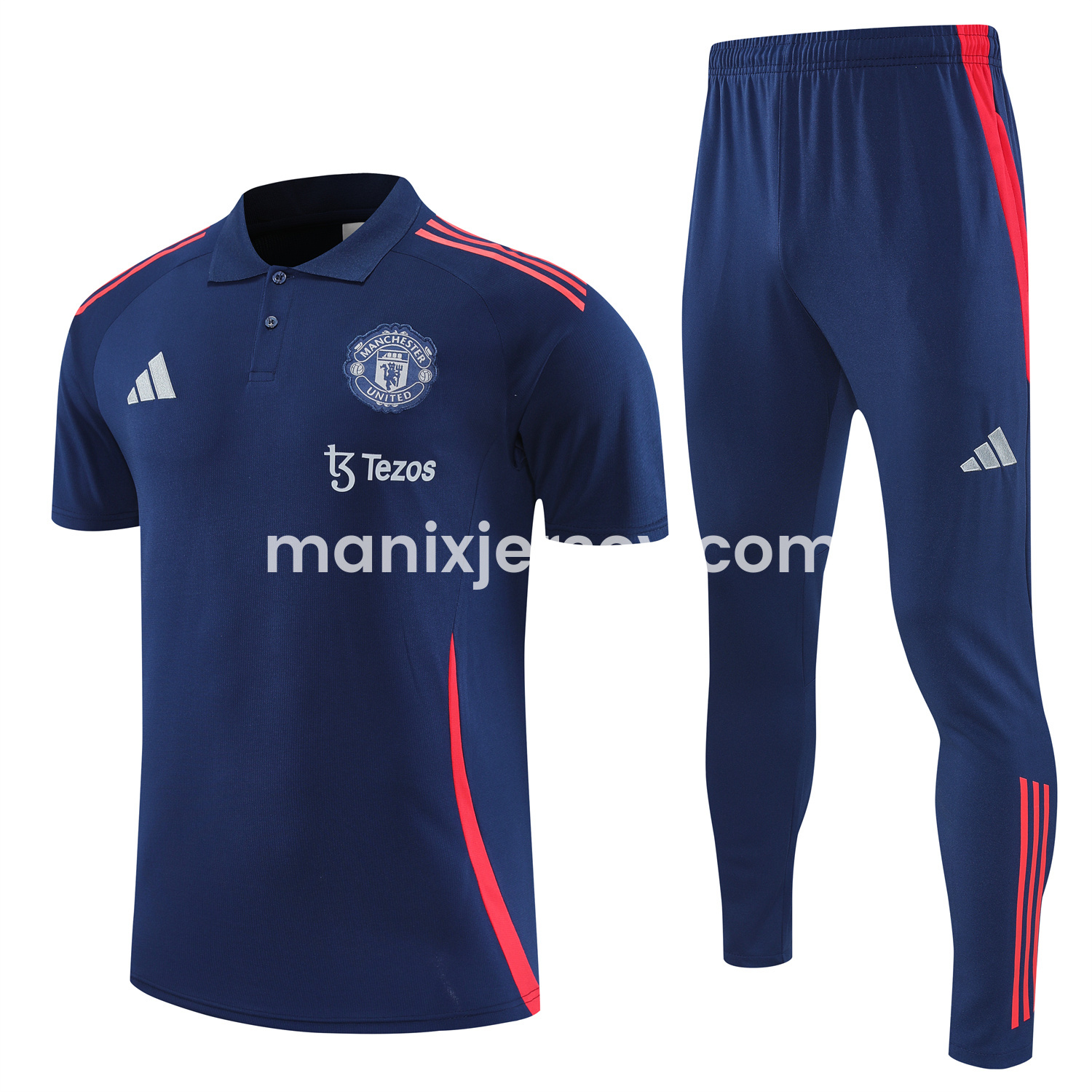 ManixJersey.com | Manchester United 25-26 POLO Short-Sleeve Training Set - Deep Blue Top and Pants with Red Stripes -Customize Name, Number and Patch | Worldwide Shipping