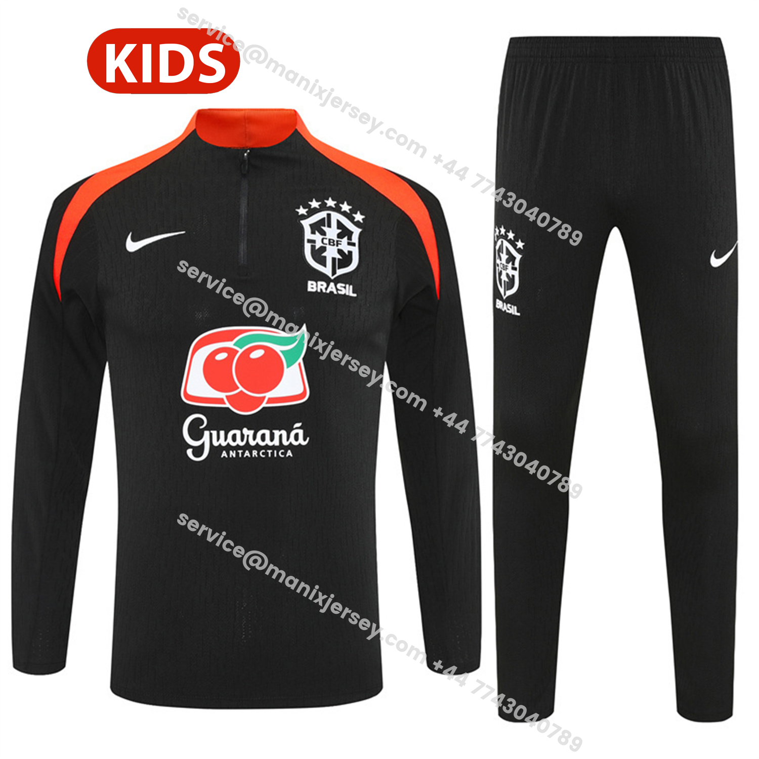 ManixJersey.com | Brazil 25-26 Kids Long Sleeve Training Set - Player Version - Black Top and Pants -Customize Name, Number and Patch | Worldwide Shipping