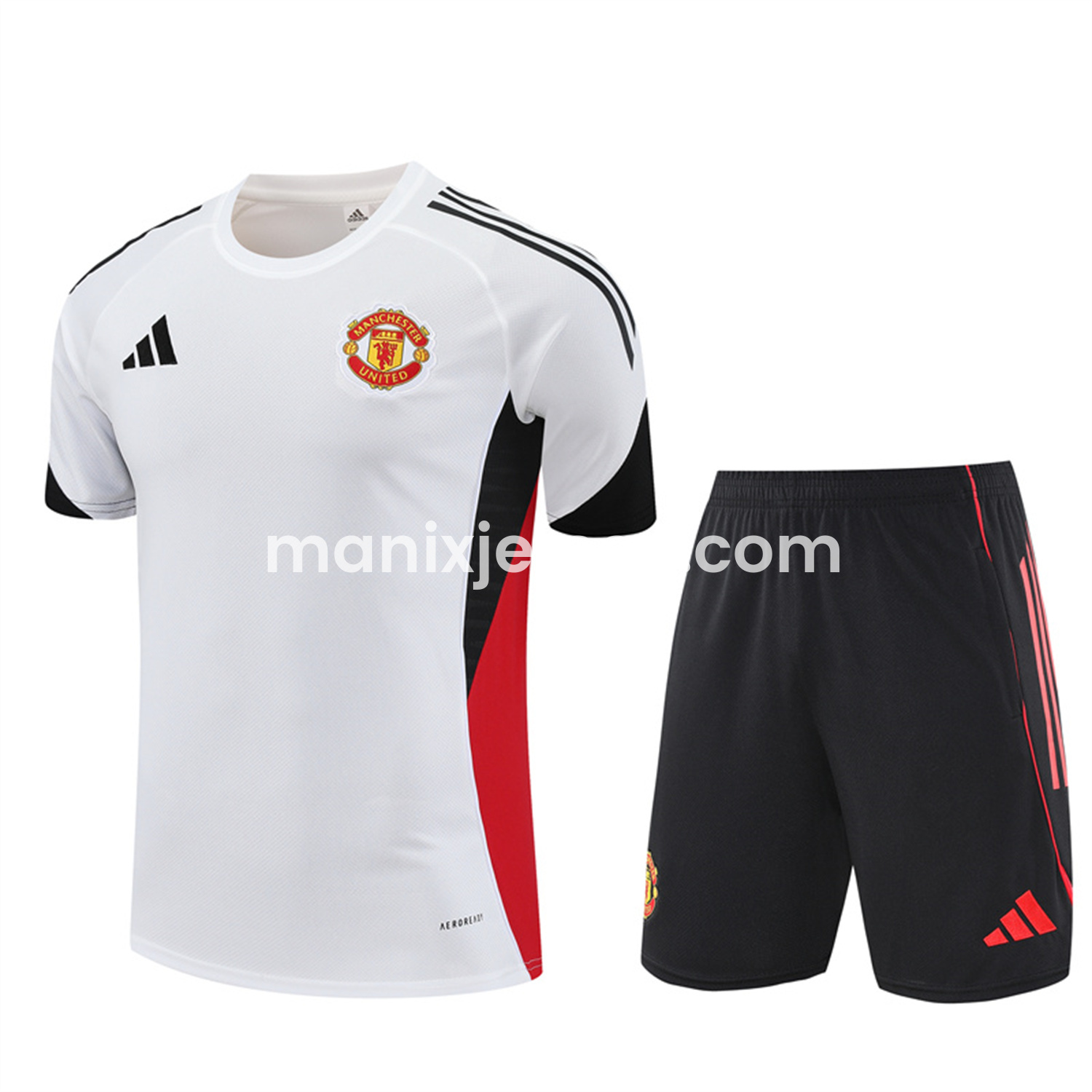 ManixJersey.com | Manchester United 25-26 Short-Sleeve Training Set - White Top & Black Shorts -Customize Name, Number and Patch | Worldwide Shipping