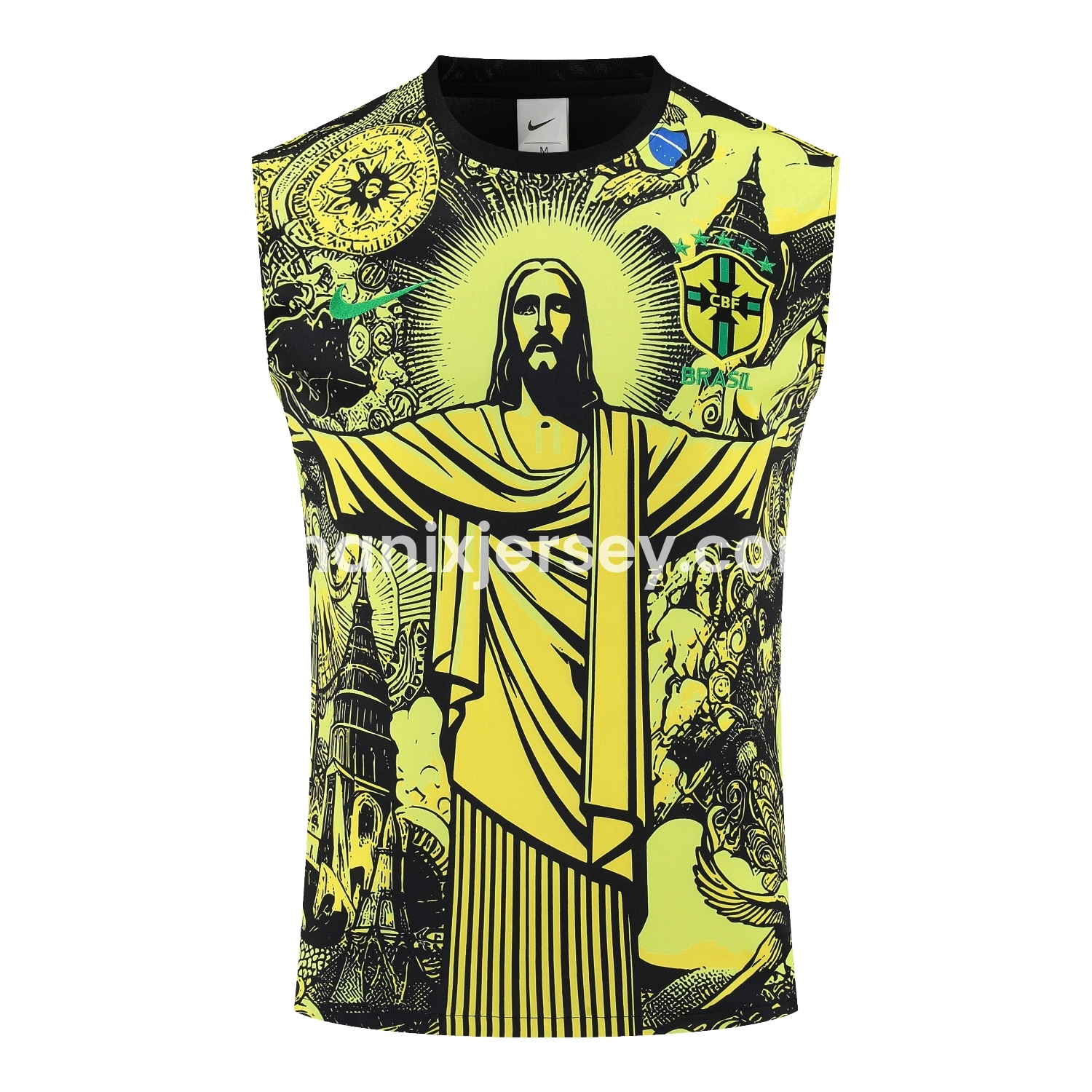 ManixJersey.com | Brazil 25-26 Yellow Jesus Statue Vest Training Set - Yellow Vest & Black Shorts -Customize Name, Number and Patch | Worldwide Shipping