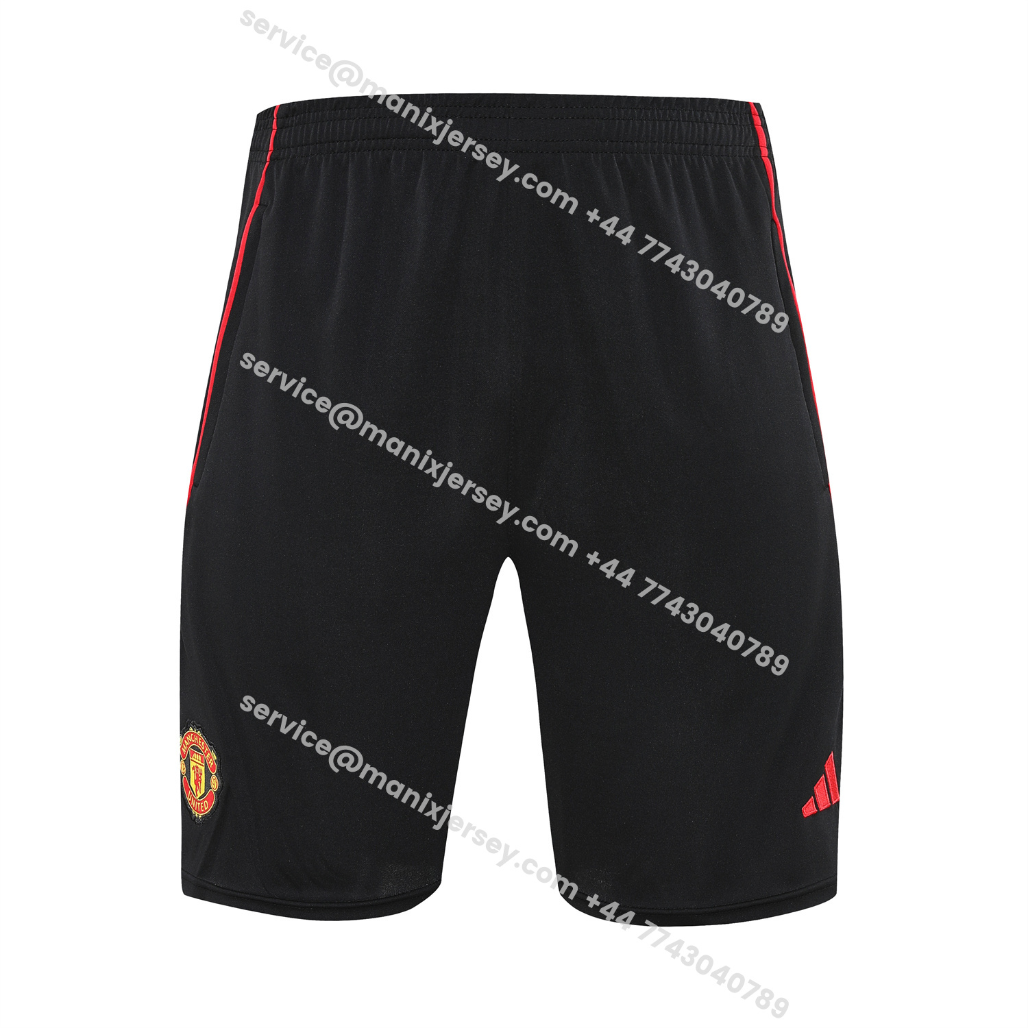 ManixJersey.com | Manchester United 25-26 Short-Sleeve Training Set - Red Black Blocks White Top & Black Shorts -Customize Name, Number and Patch | Worldwide Shipping