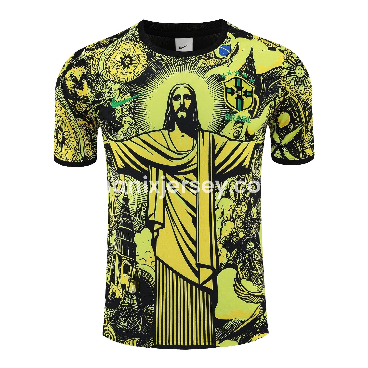 ManixJersey.com | Brazil 25-26 Yellow Jesus Statue Short-Sleeve Training Set - Yellow Top & Black Shorts -Customize Name, Number and Patch | Worldwide Shipping