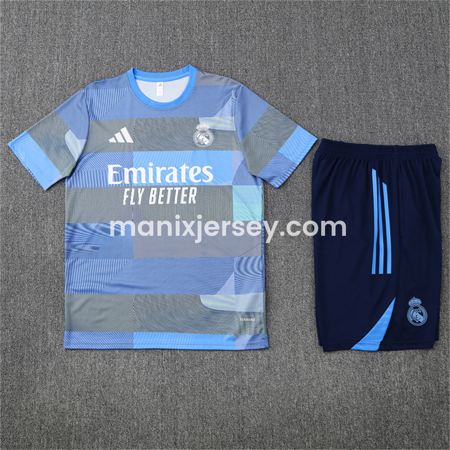 ManixJersey.com | Real Madrid 25-26 Pre-Match Short-Sleeve Training Set - Blue-Gray Camouflage Top and Blue Shorts -Customize Name, Number and Patch | Worldwide Shipping