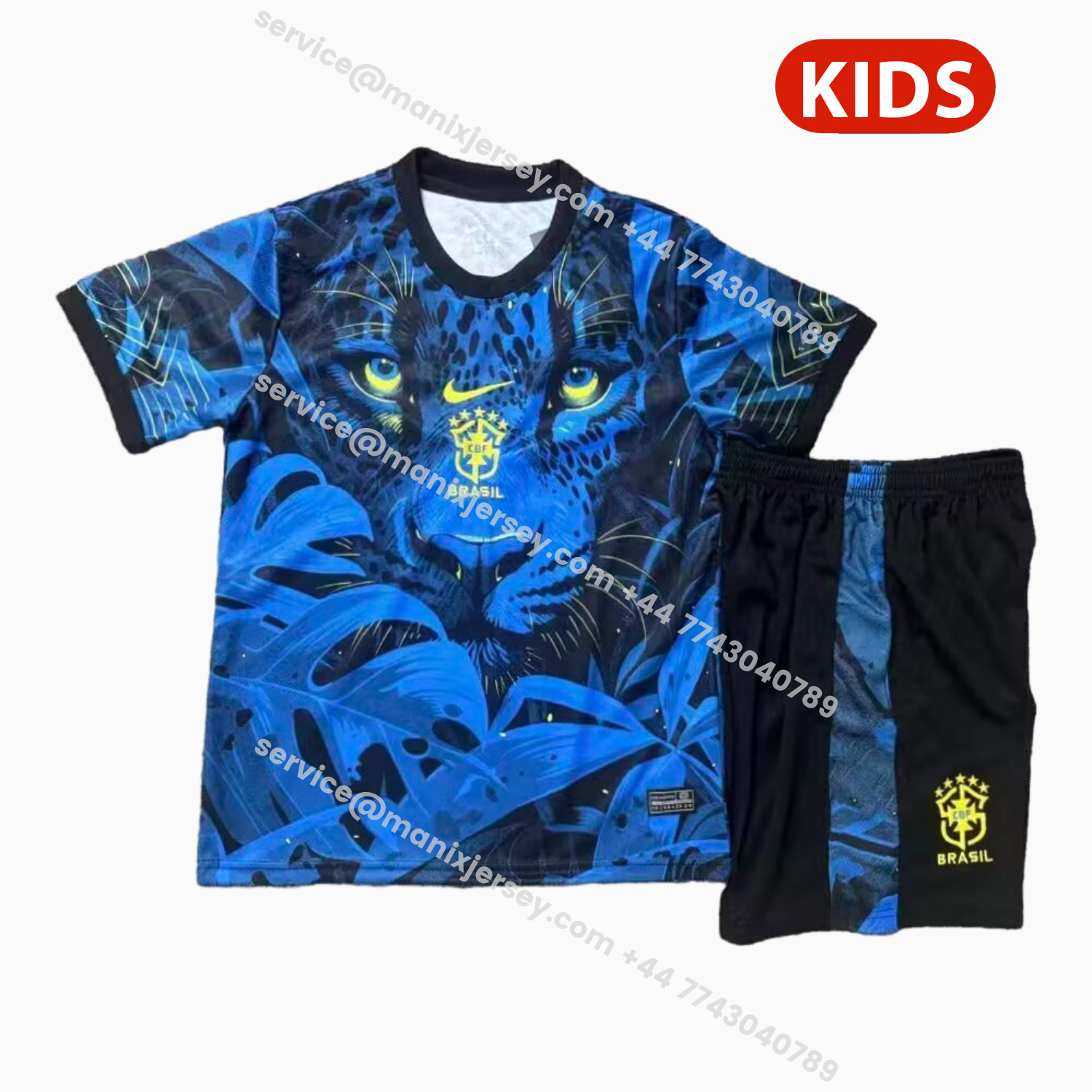 ManixJersey.com | Brazil 25-26 Blue Leopard Special Kids Kit -Customize Name, Number and Patch | Worldwide Shipping