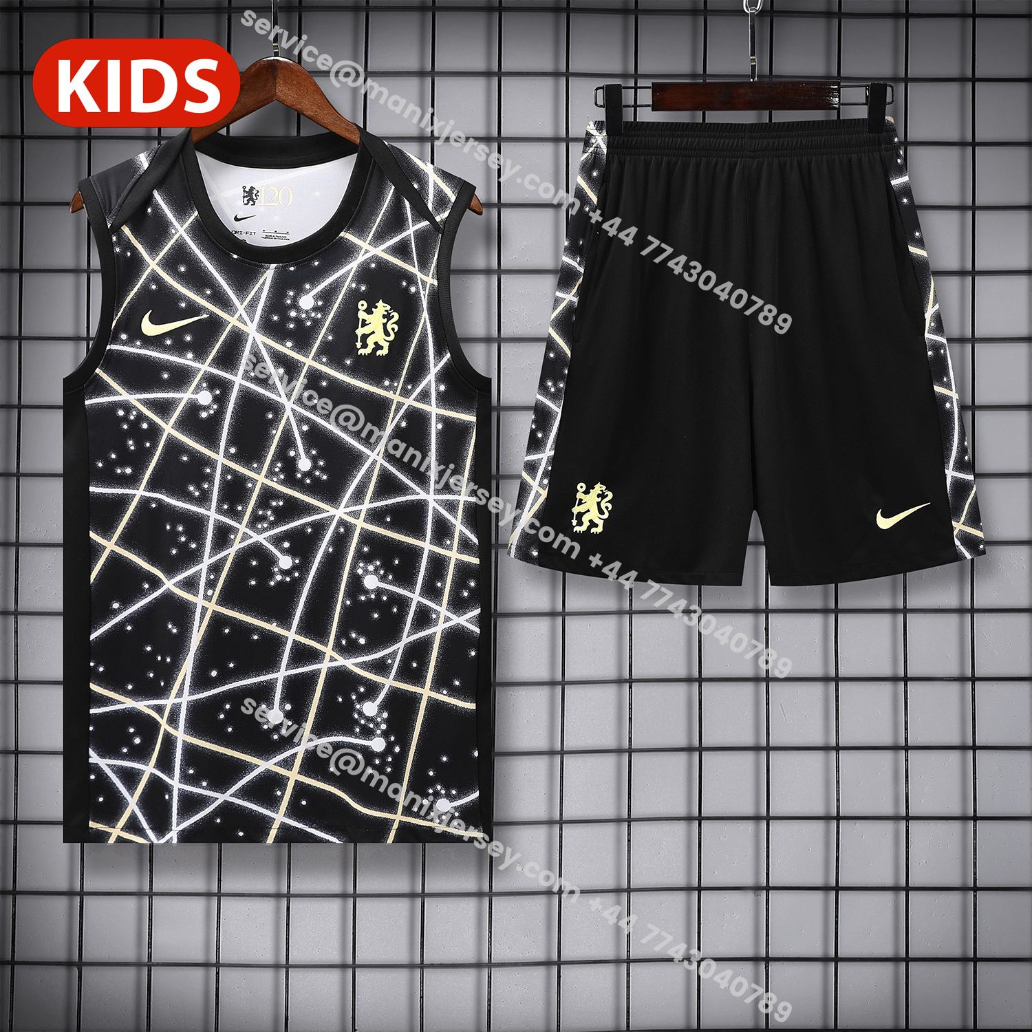 ManixJersey.com | C.H.E.L.S.E.A 25-26 Kids Vest Training Set - Yellow Fluorescent Rays Black Vest & Black Shorts -Customize Name, Number and Patch | Worldwide Shipping