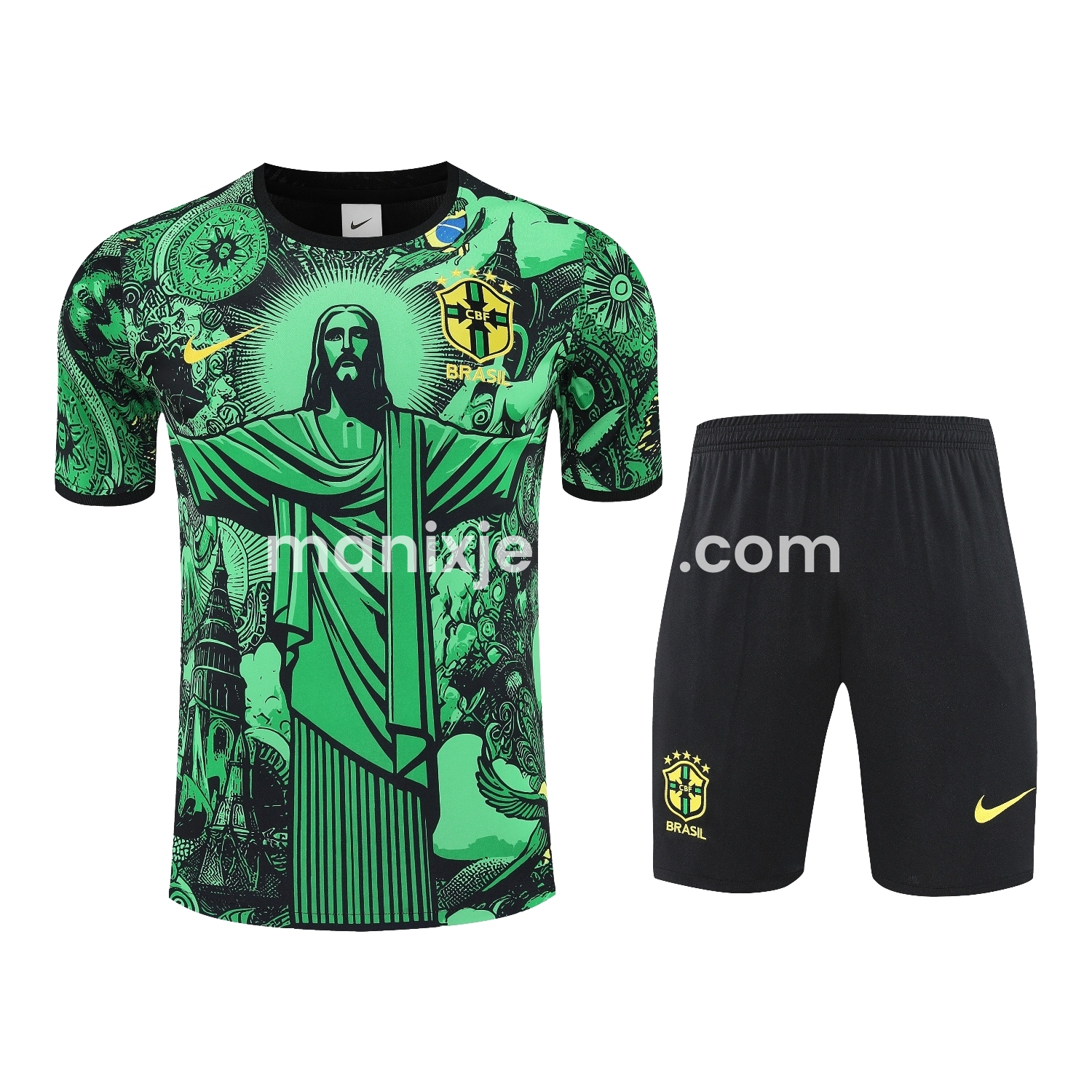 ManixJersey.com | Brazil 25-26 Green Jesus Statue Short-Sleeve Training Set - Green Top & Black Shorts -Customize Name, Number and Patch | Worldwide Shipping