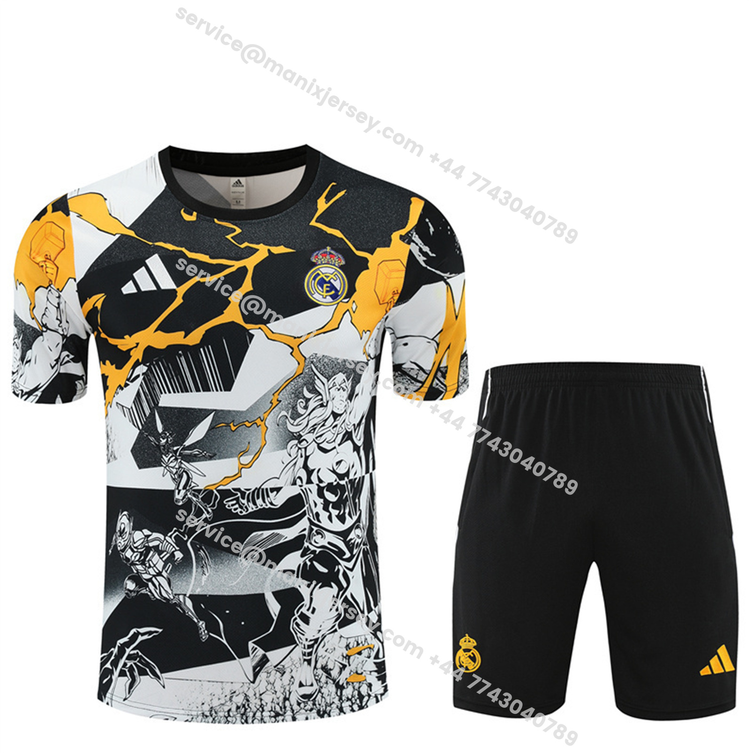 ManixJersey.com | Real Madrid 25-26 Thunder Comics Short-Sleeve Training Set - Comic Pattern Top & Shorts -Customize Name, Number and Patch | Worldwide Shipping