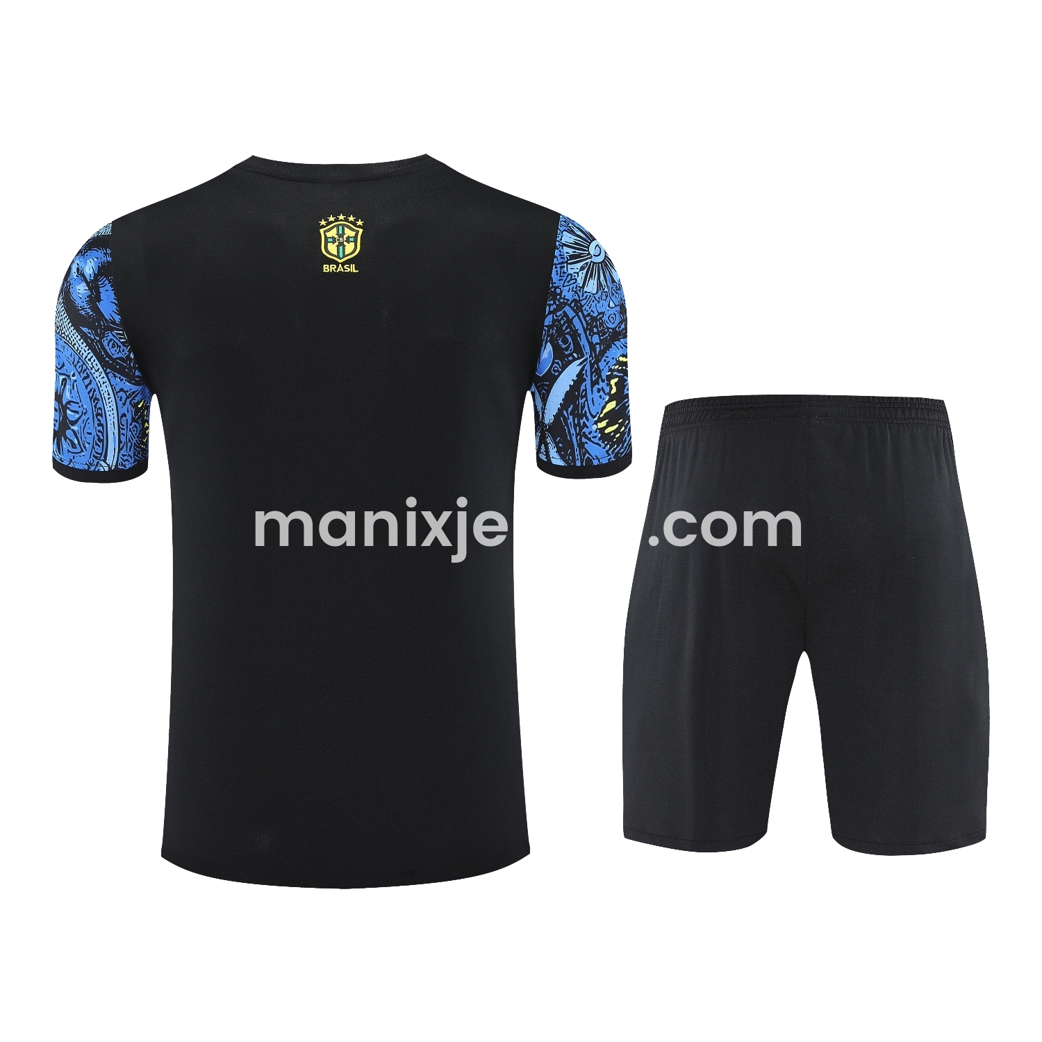 ManixJersey.com | Brazil 25-26 Blue Jesus Statue Short-Sleeve Training Set - Blue Top & Black Shorts -Customize Name, Number and Patch | Worldwide Shipping