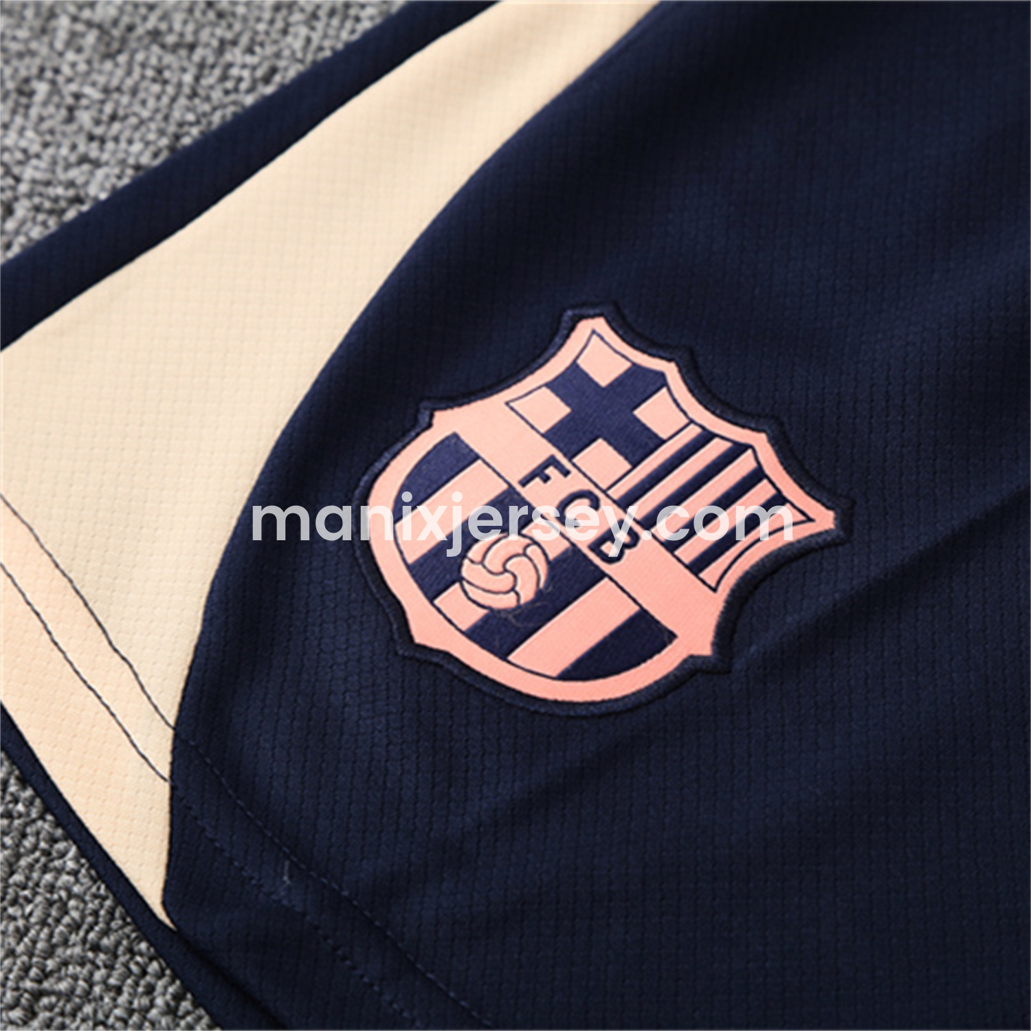 ManixJersey.com | Barcelona 25-26 Kids Short-Sleeve Training Set - Beige Top & Blue Shorts -Customize Name, Number and Patch | Worldwide Shipping