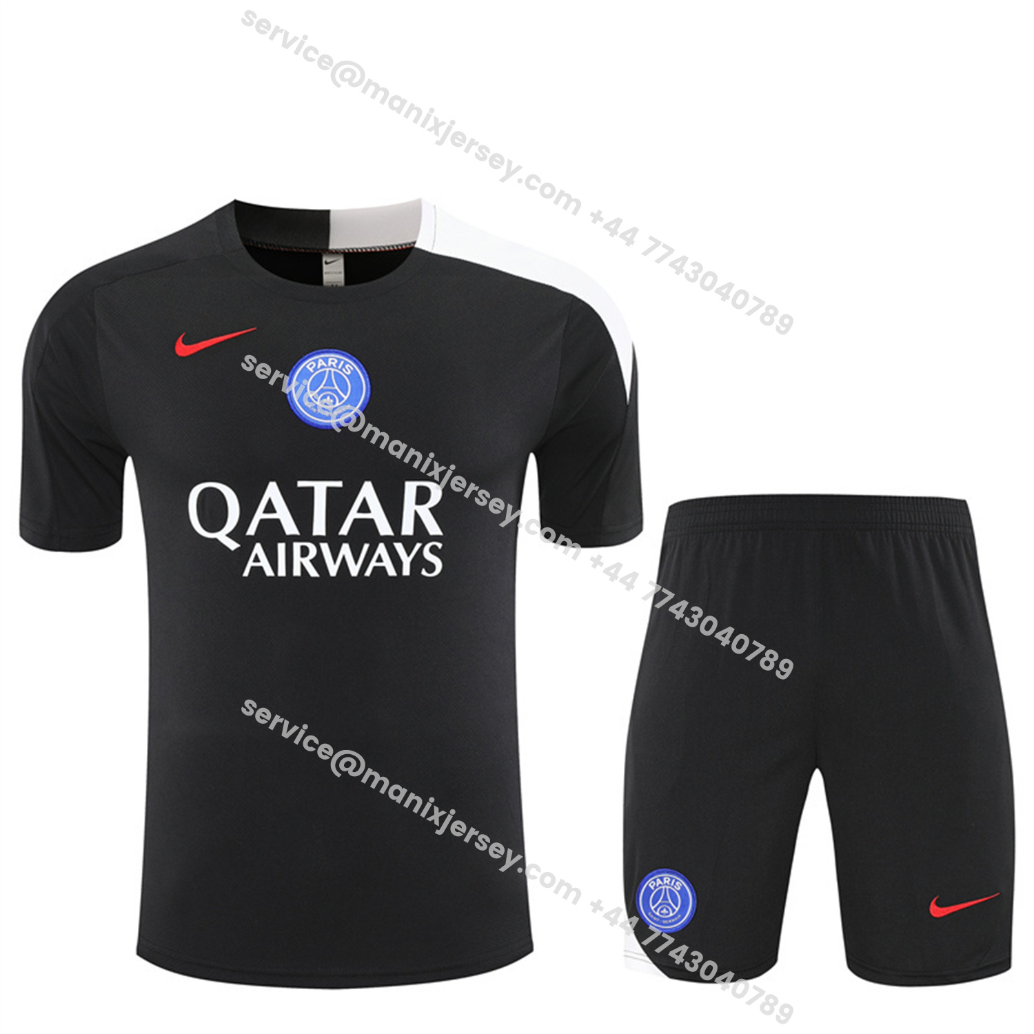 ManixJersey.com | Paris Saint-Germain PSG 25-26 Kids Short-Sleeve Training Set - White Edge Black Top & Black Shorts -Customize Name, Number and Patch | Worldwide Shipping