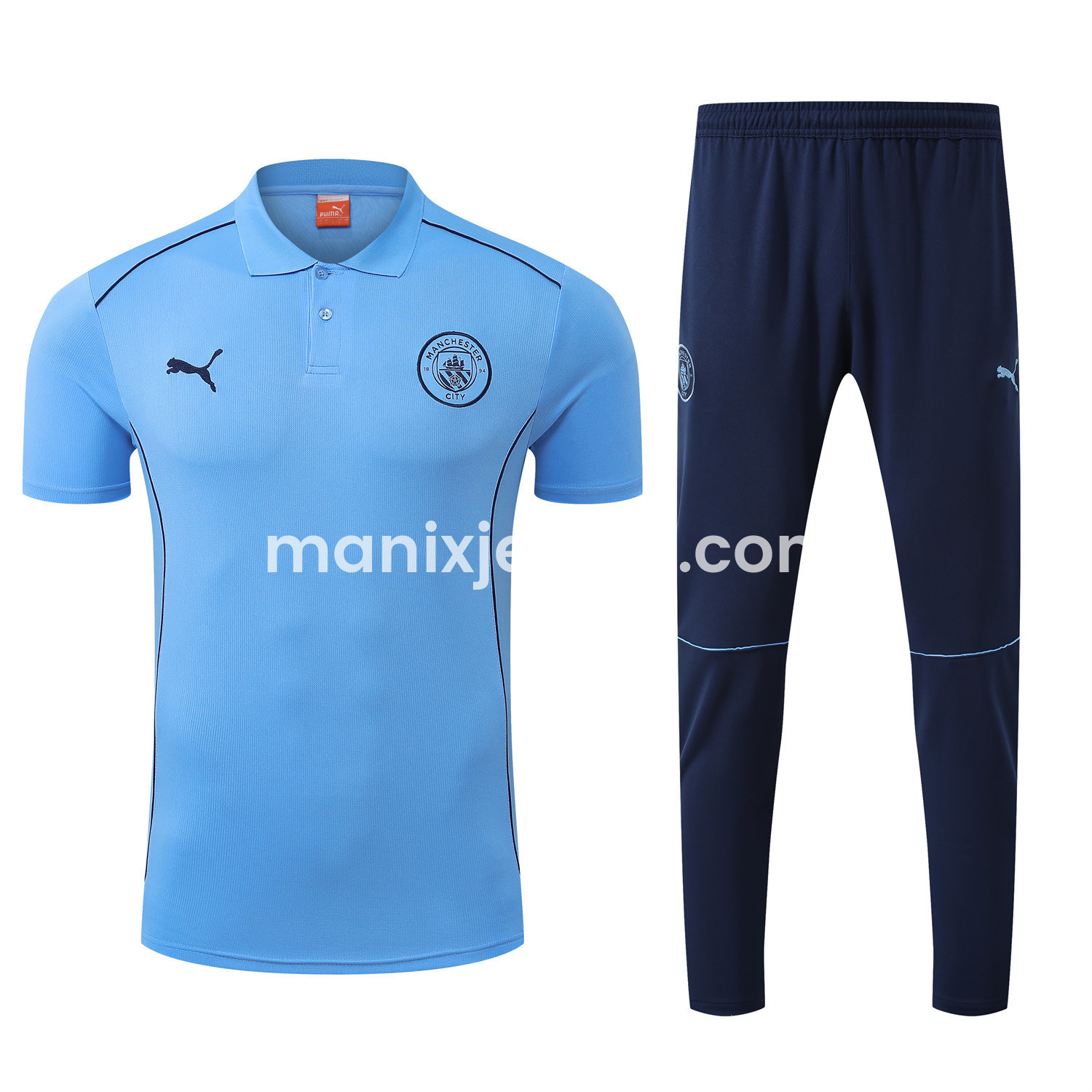 ManixJersey.com | Manchester City 25-26 POLO Short-Sleeve Training Set - Blue Top and Deep Blue Pants -Customize Name, Number and Patch | Worldwide Shipping