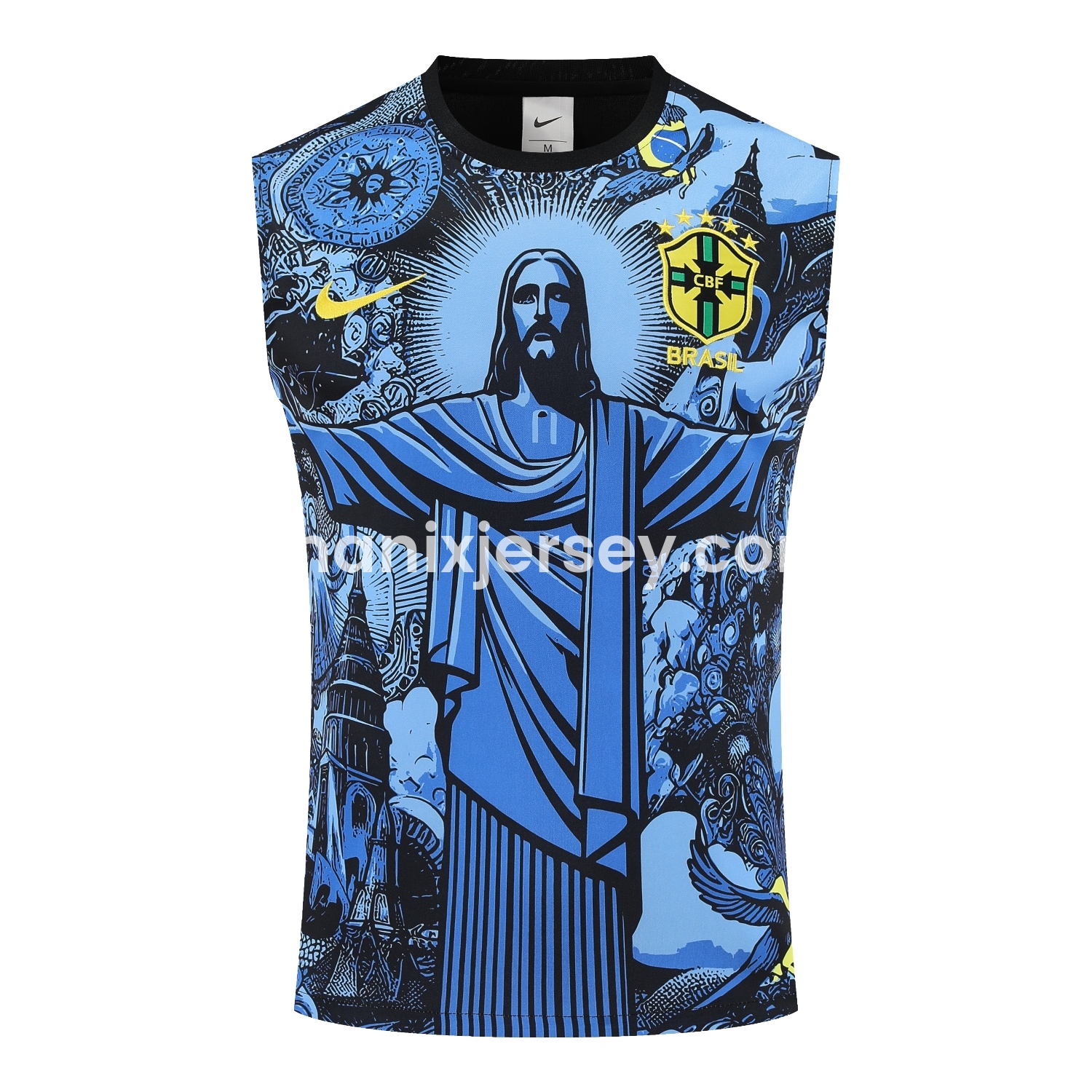 ManixJersey.com | Brazil 25-26 Blue Jesus Statue Vest Training Set - Blue Vest & Black Shorts -Customize Name, Number and Patch | Worldwide Shipping