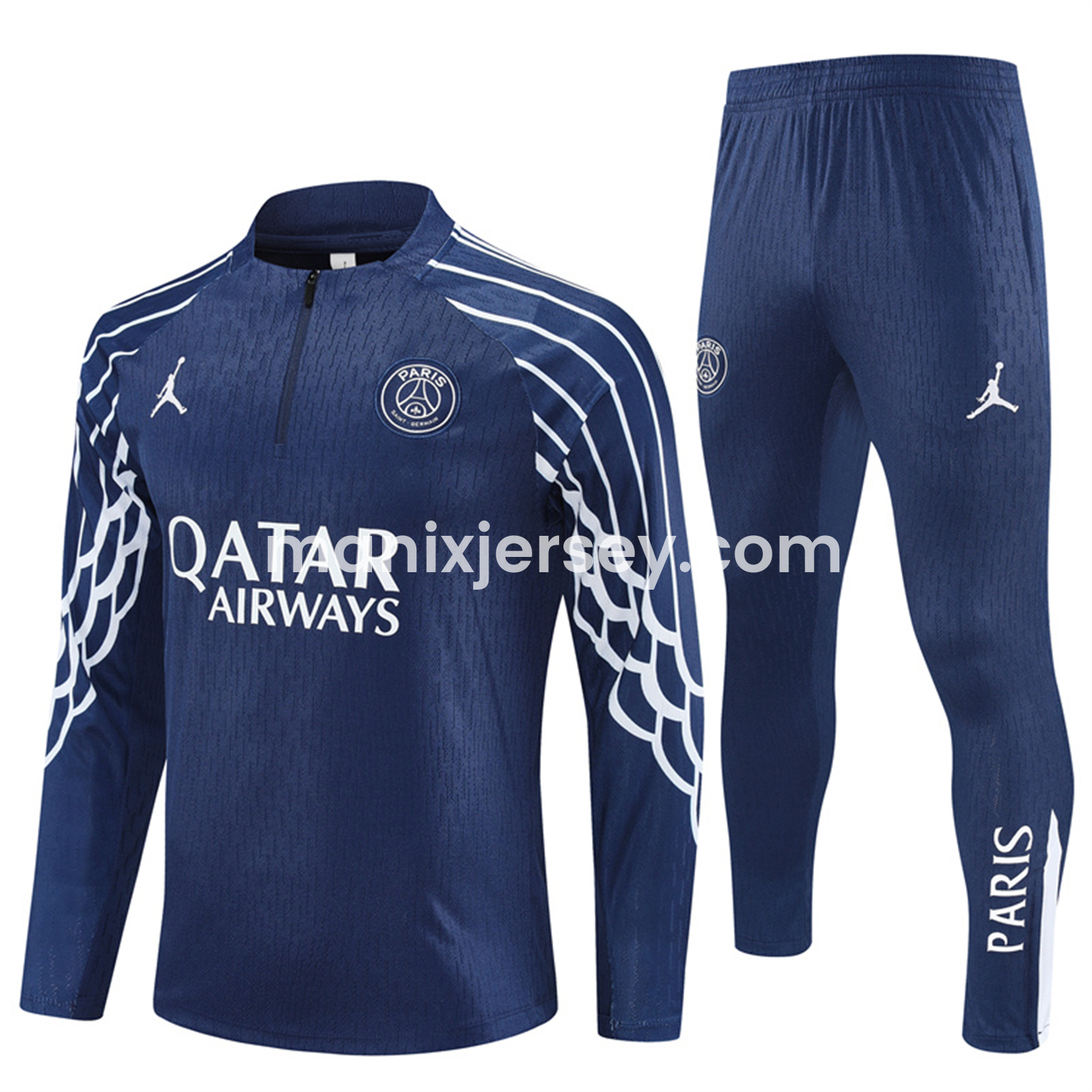 ManixJersey.com | Paris Saint-Germain PSG 25-26 Long Sleeve Training Set - JD White Wing Royal Blue Top and Pants -Customize Name, Number and Patch | Worldwide Shipping