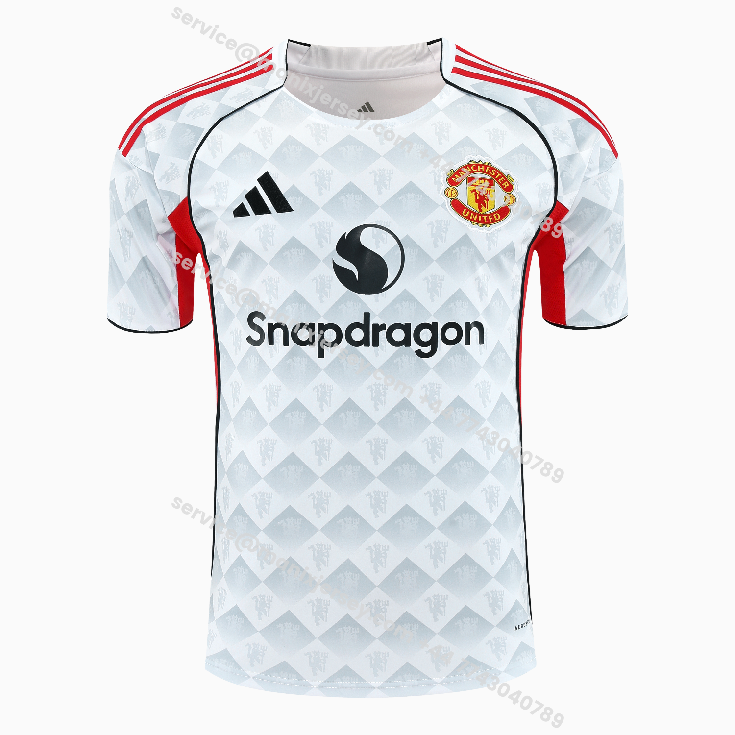 ManixJersey.com | Manchester United 25-26 Short-Sleeve Training Set - Red Edge White Top & Black Shorts -Customize Name, Number and Patch | Worldwide Shipping