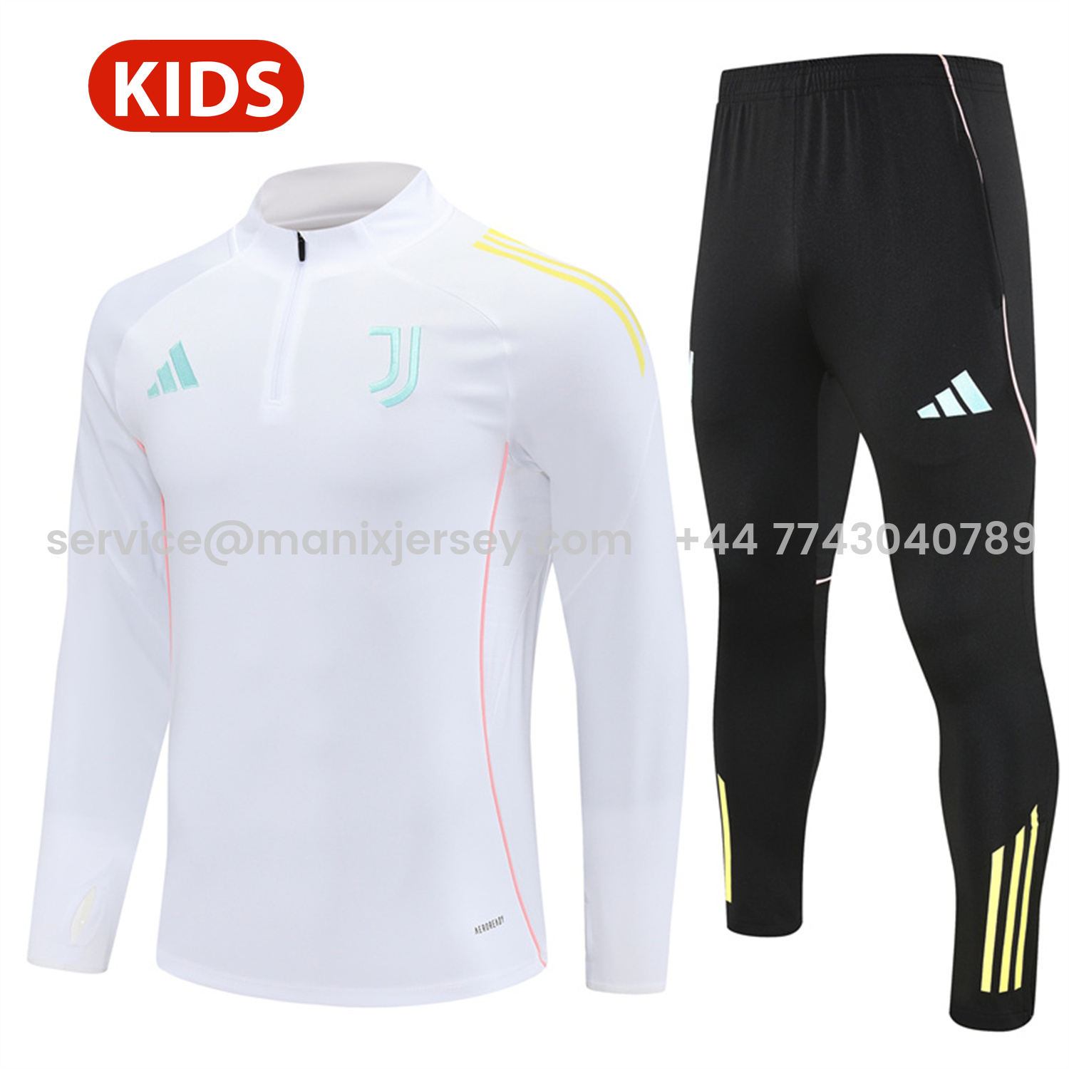 ManixJersey.com | Juventus 25-26 Kids Long Sleeve Training Set - White Top and Black Pants -Customize Name, Number and Patch | Worldwide Shipping