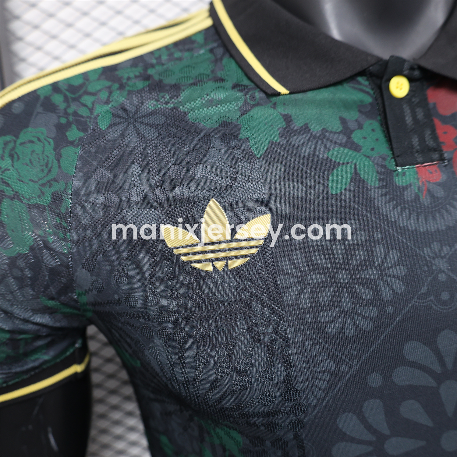ManixJersey.com | Mexico 25-26 Black Polo Jersey with Red and Green Floral Pattern - Player Version -Customize Name, Number and Patch | Worldwide Shipping