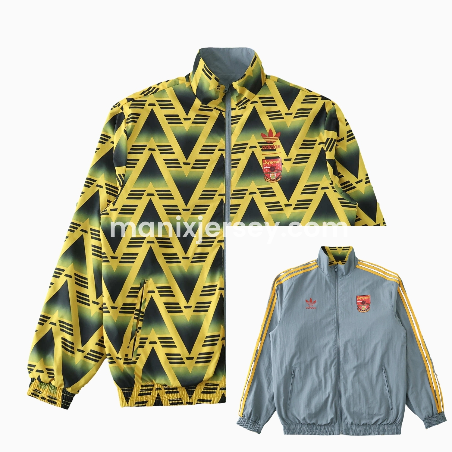 ManixJersey.com | Retro Arsenal 1991-93 Away Double Sided Reversible Windbreaker - Yellow & Grey -Customize Name, Number and Patch | Worldwide Shipping