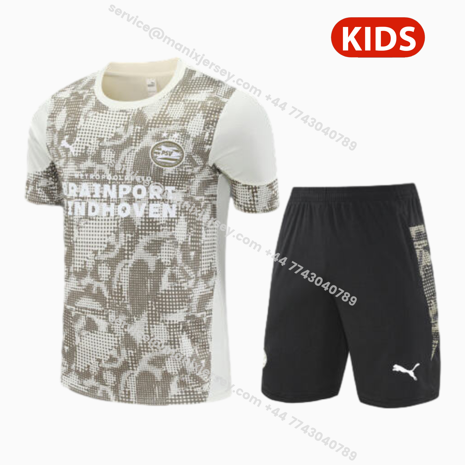 ManixJersey.com | PSV Eindhoven 25-26 Kids Short-Sleeve Training Set - Khaki Top & Black Shorts -Customize Name, Number and Patch | Worldwide Shipping